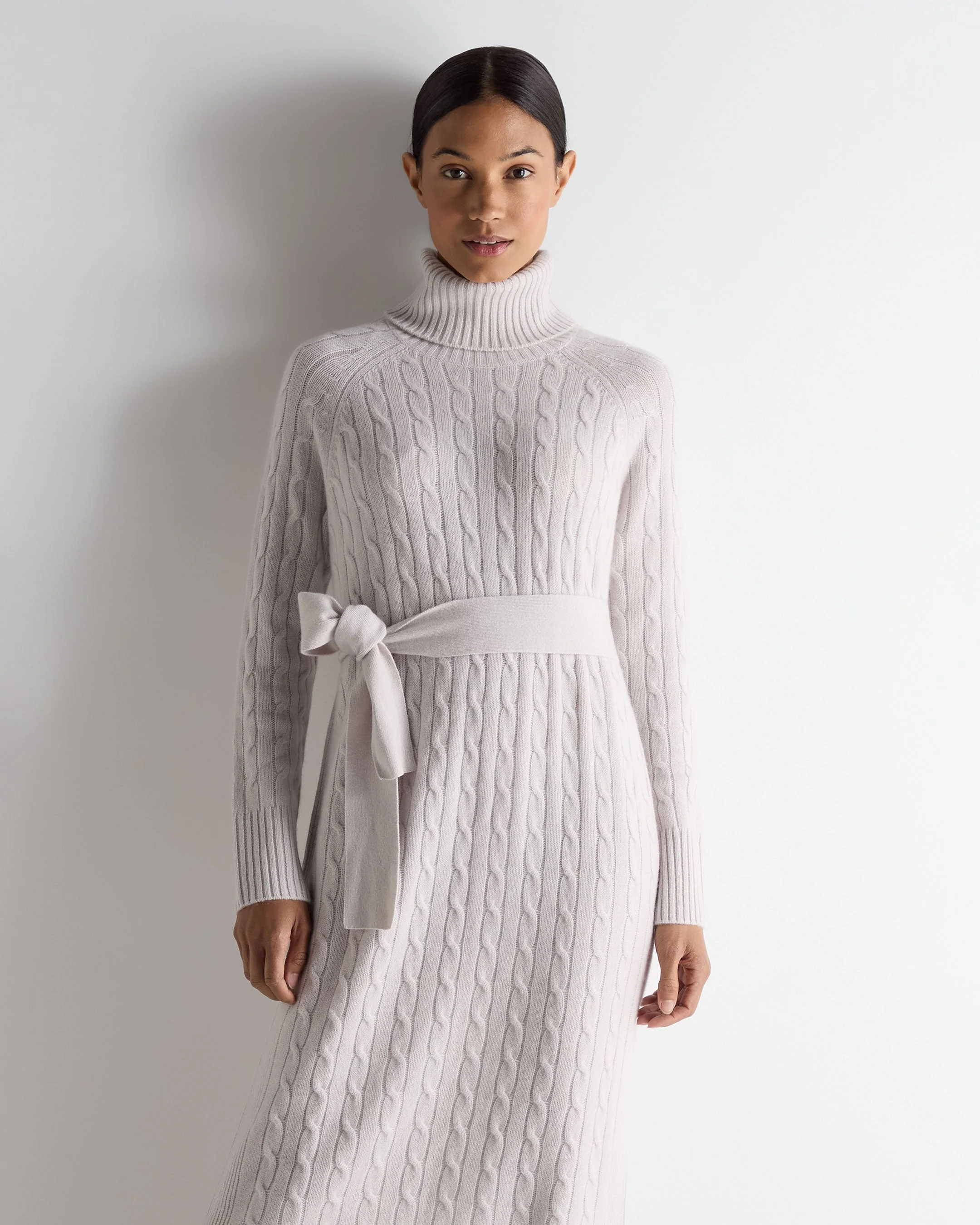 Women's Longline Cable Cashmere Dress Snow Grey