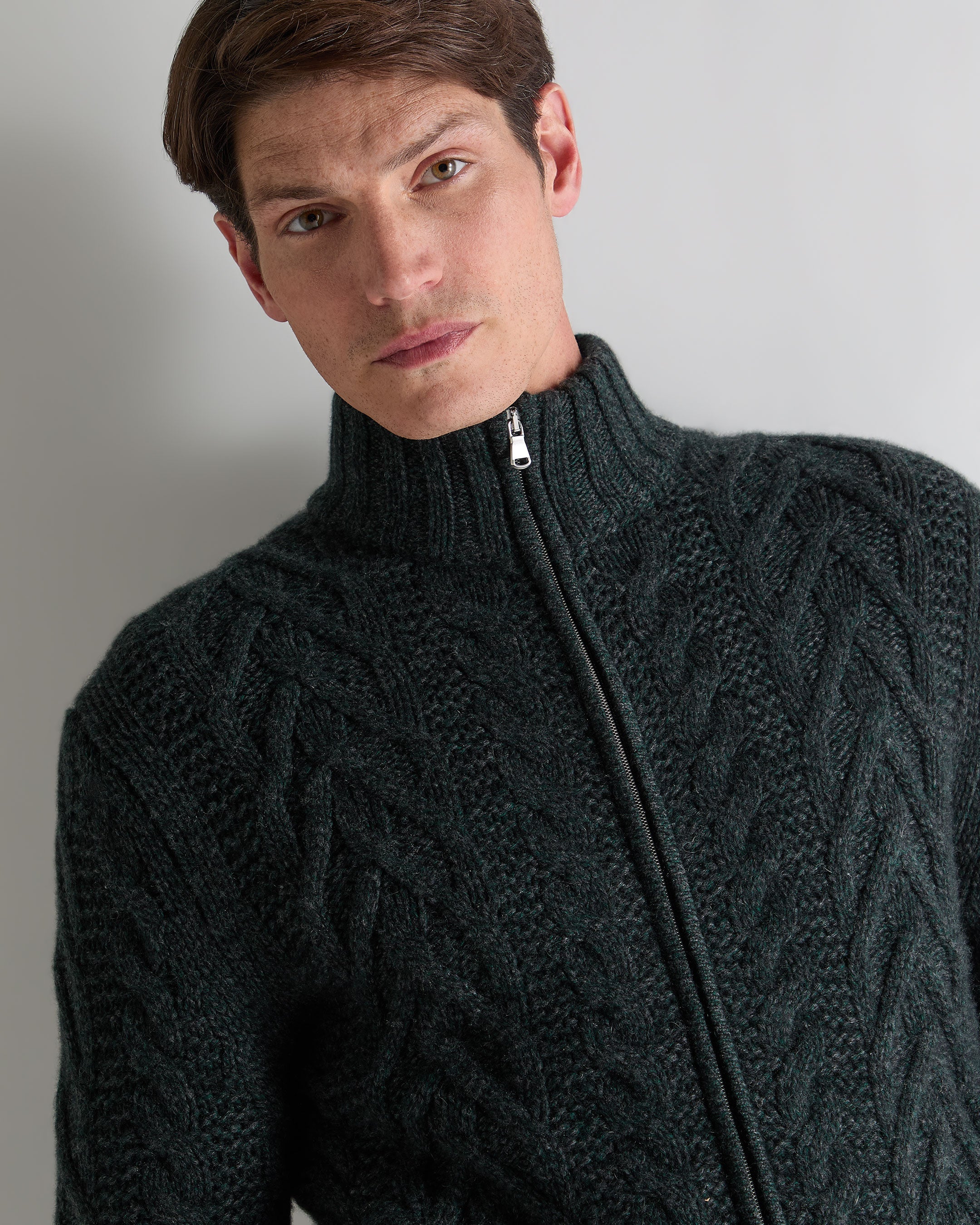 Men's Cable Full Zip Cashmere Jumper Green Melange
