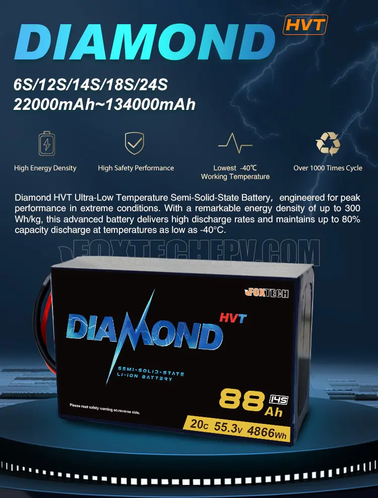 Diamond HVT 18S 80.1V 22Ah 35Ah 44Ah 67Ah 88Ah 134Ah 4.45V/Cell Ultra Low Temperature Semi Solid State Li-ion Battery for Drone