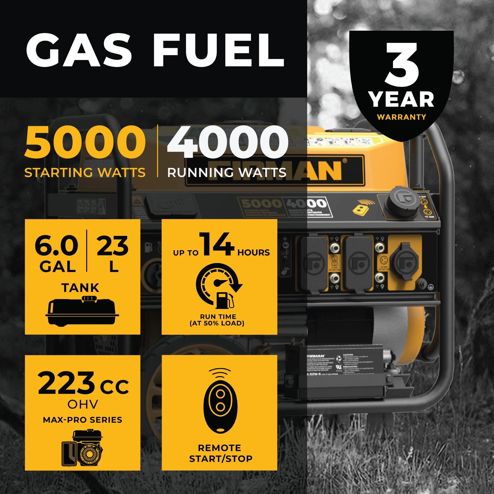 Gas Portable Generator 5000W Remote Start 120V