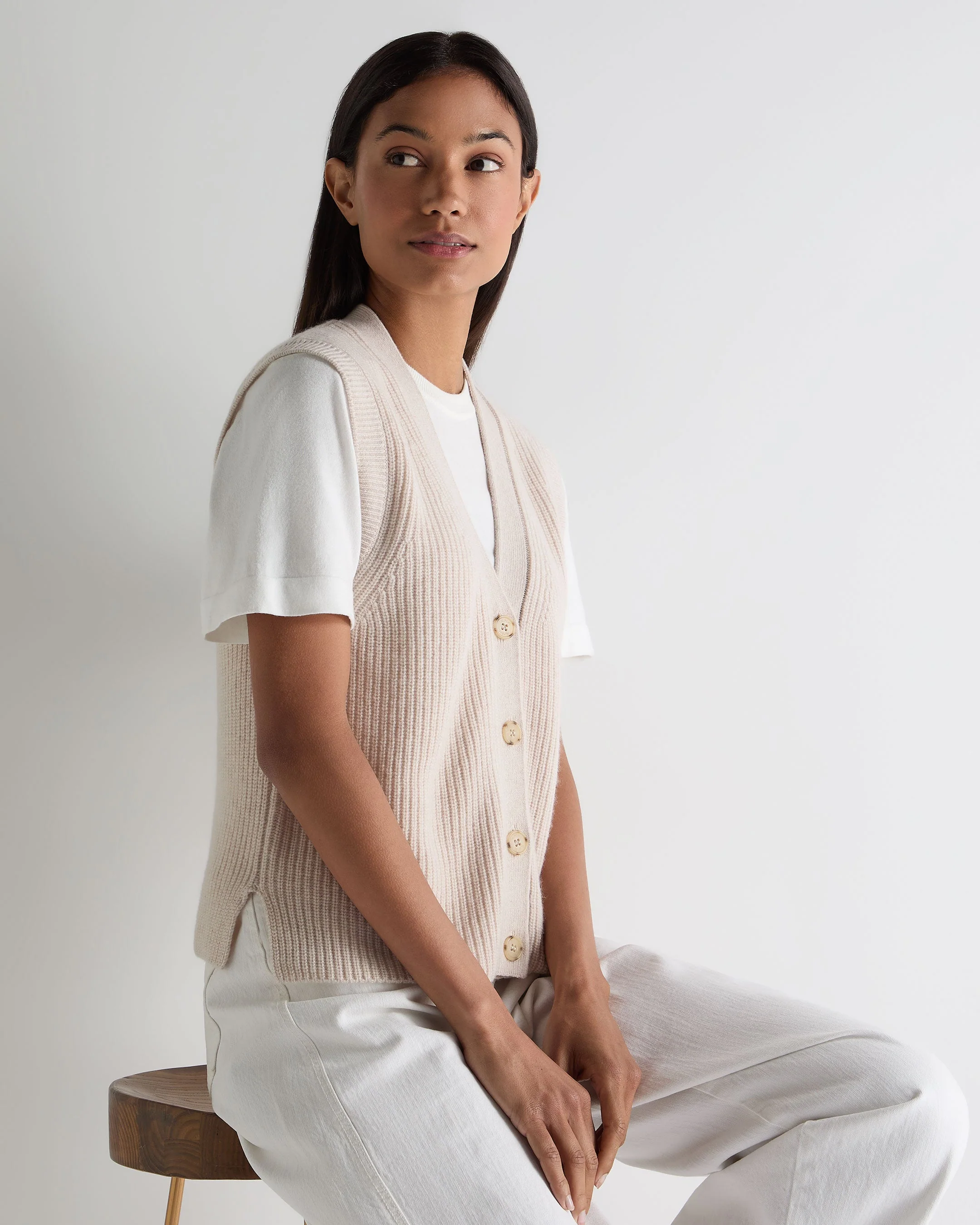 Women's V Neck Cashmere Tank Top Ecru White