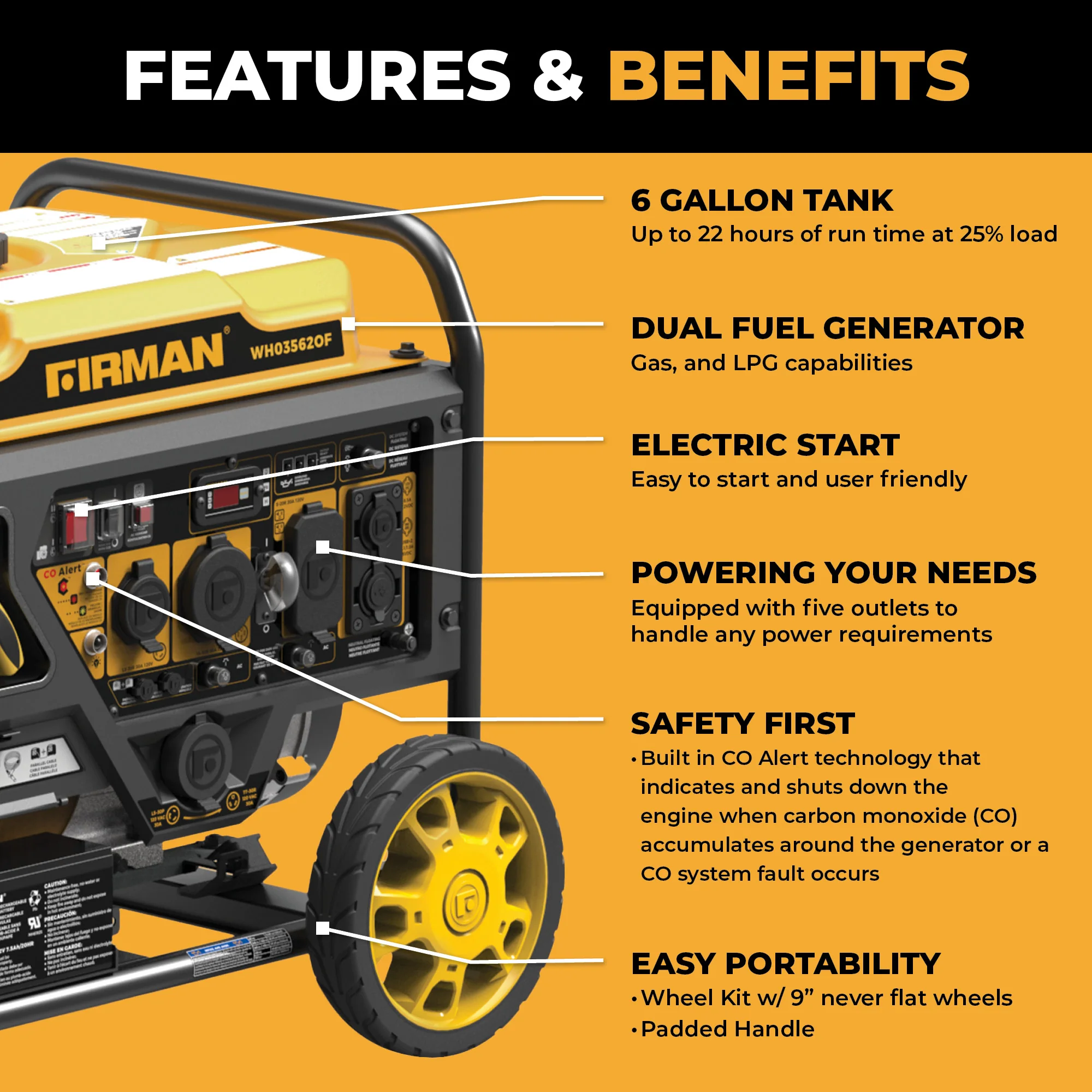 Dual Fuel Open Frame Inverter 4400W Electric Start with CO ALERT