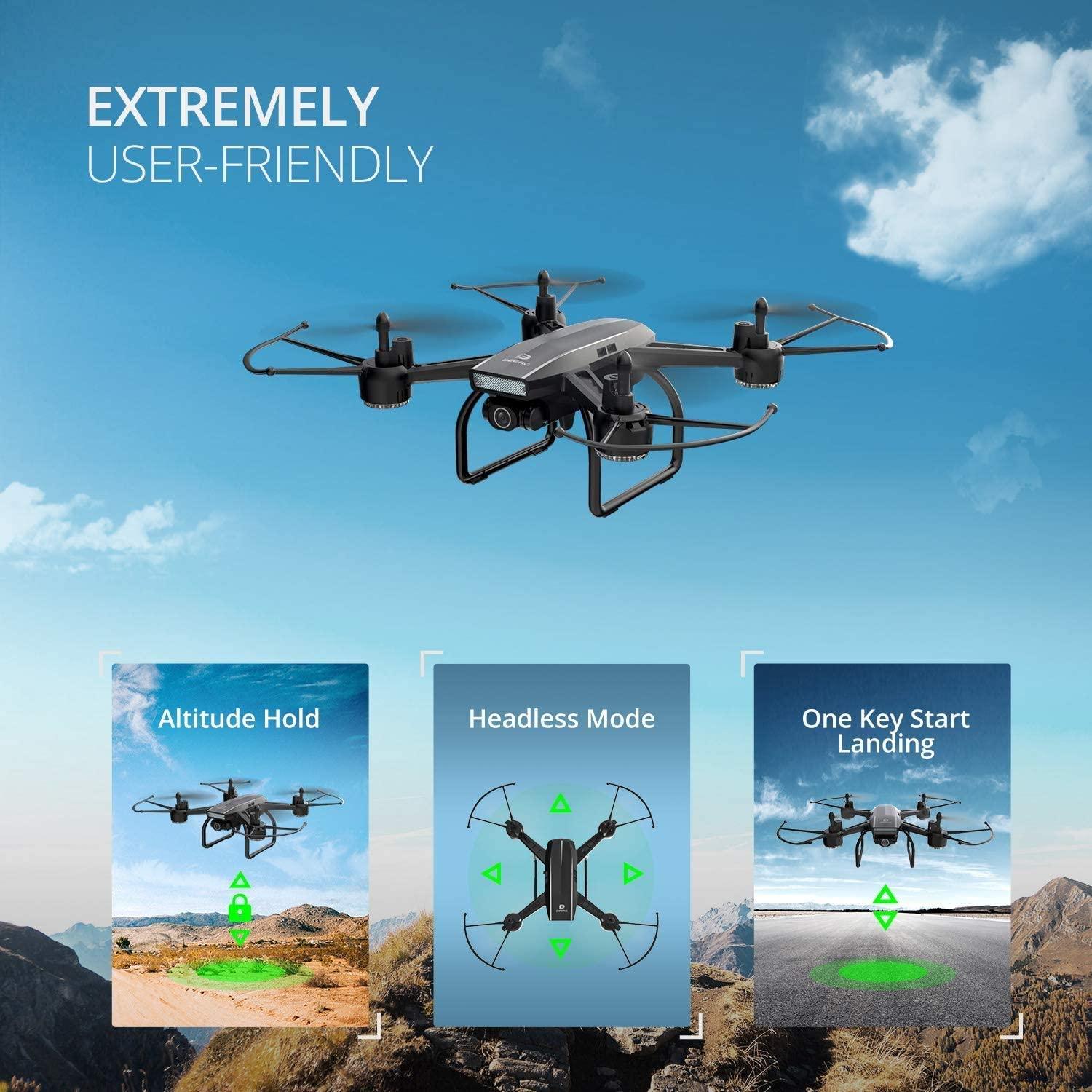 DEERC D50 Drone - with Camera for Adults 2K Ultra HD FPV Live Video 120° Wide Angle, Altitude Hold, Headless Mode, Gesture Selfie, Waypoints Functions RC Quadcopter with 2 Batteries and Backpack