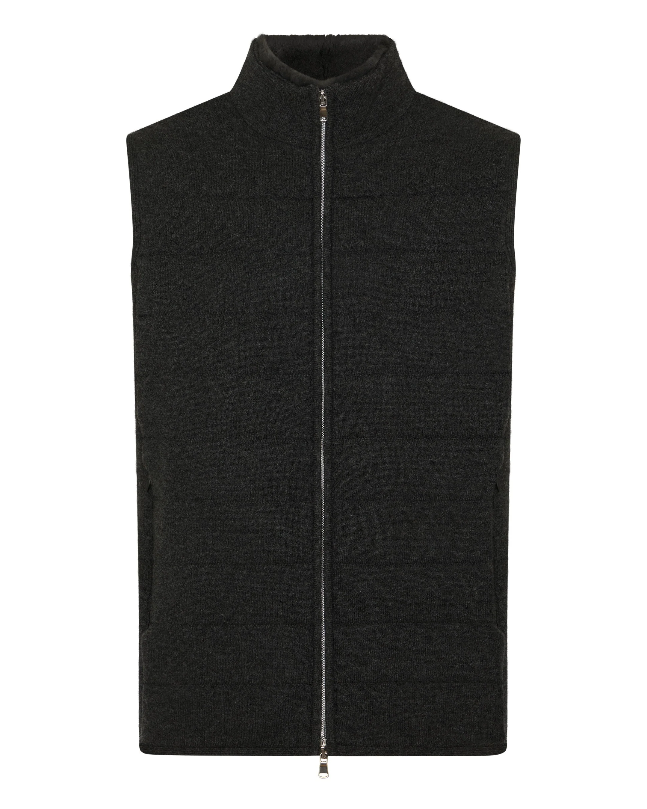 Men's Padded Fur Trim Cashmere Gilet Deep Charcoal Grey
