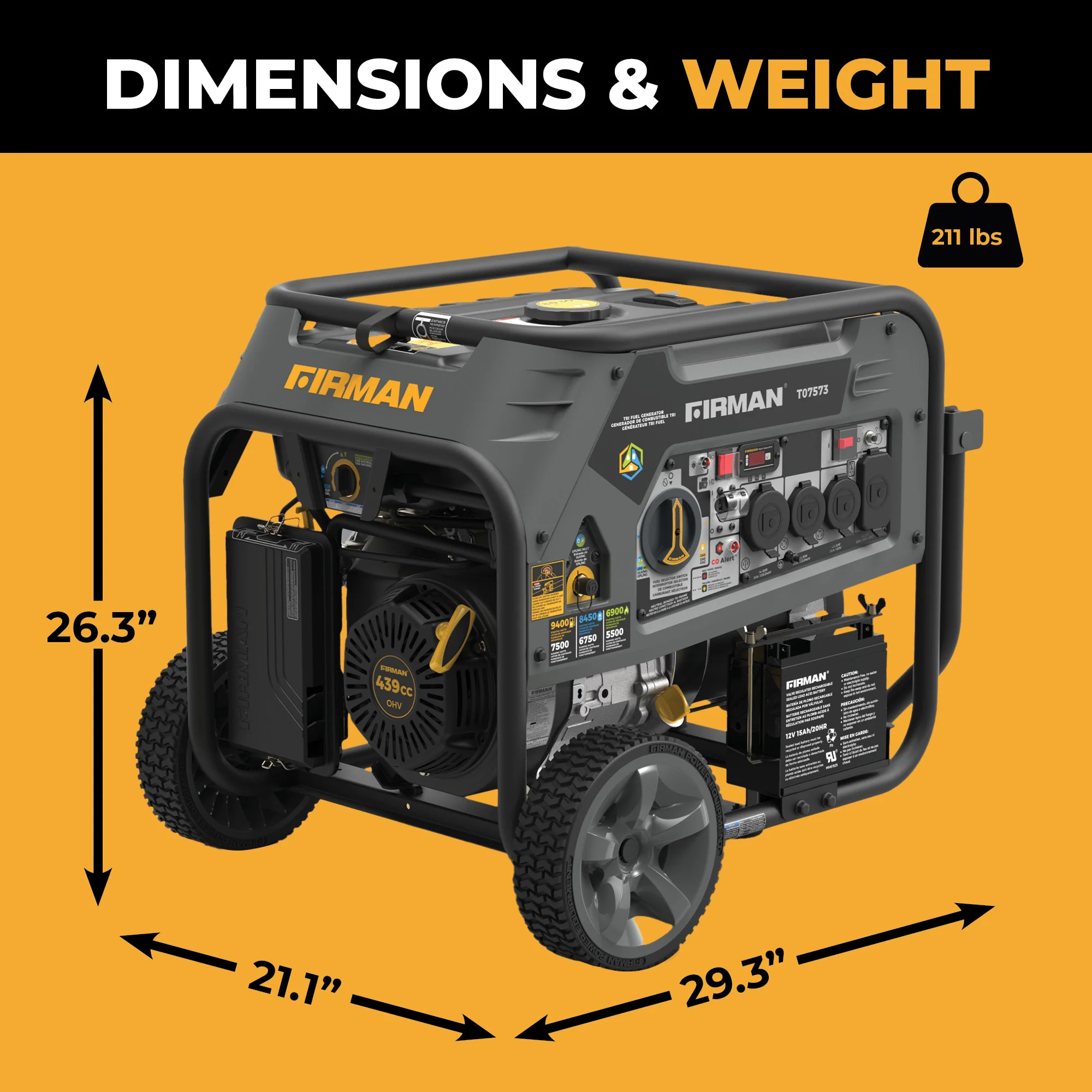 Tri Fuel Portable Generator 9400W Electric Start 120/240V with CO Alert