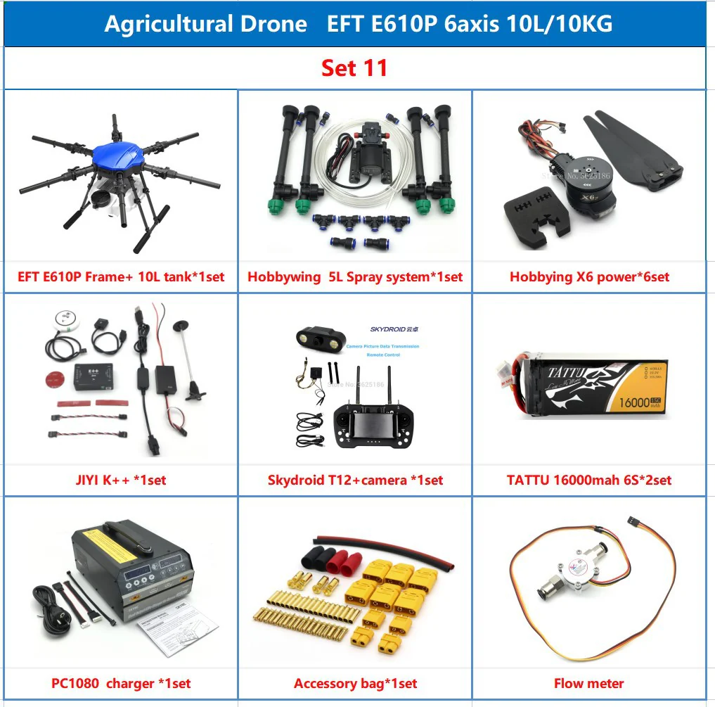EFT E610P 10L Agriculture Drone -  6-Axis Sprayer Spreader Drone 10L Water Tank Compact With Hobbywing X6, JIYI K++ V2, Skydroid H12,TATTU 12S Battery