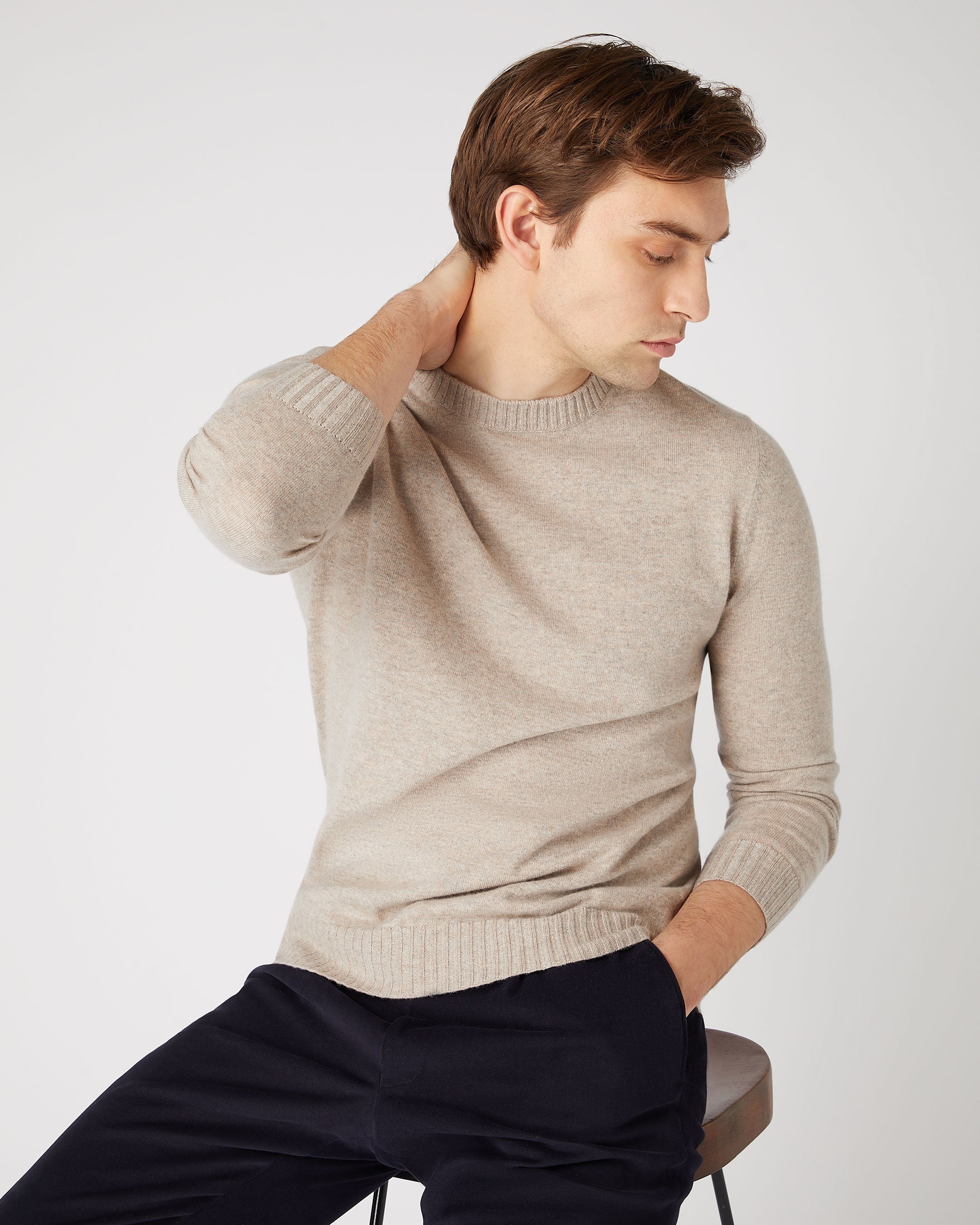 Men's Shoreditch Round Neck Cashmere Sweater Oatmeal Brown