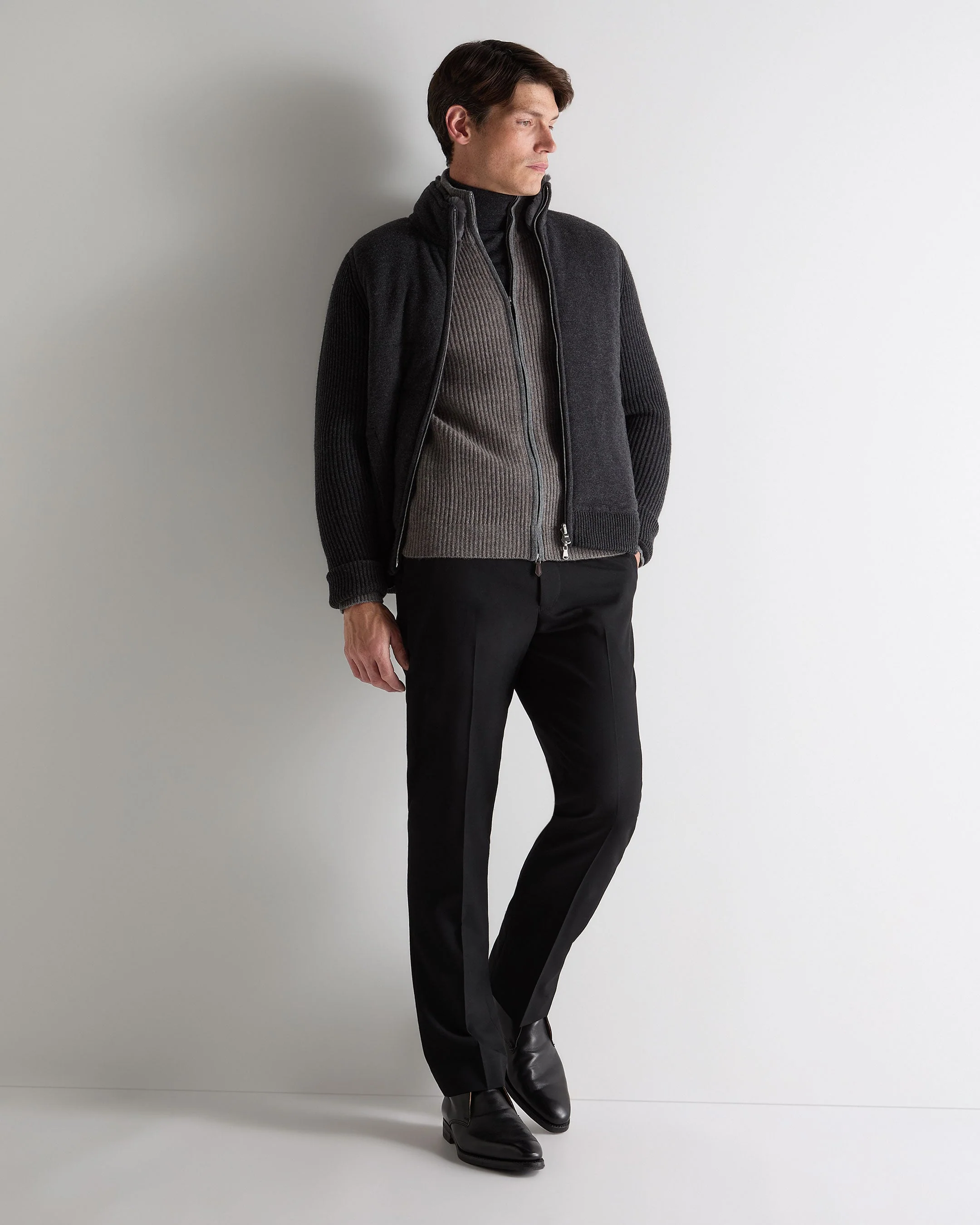 Men's Lambeth Rib Full Zip Cashmere Cardigan Wood Smoke Brown