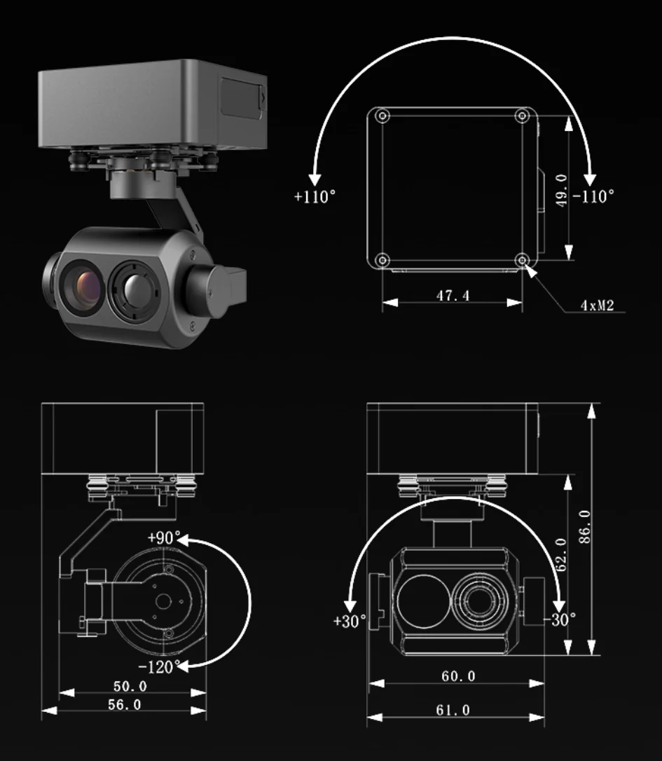 CTIC CGTD070B Dual-Light 3-Axis Drone Gimbal Camera 1080P Starlight + 640×512 Thermal Imaging Mini Gimbal Pod