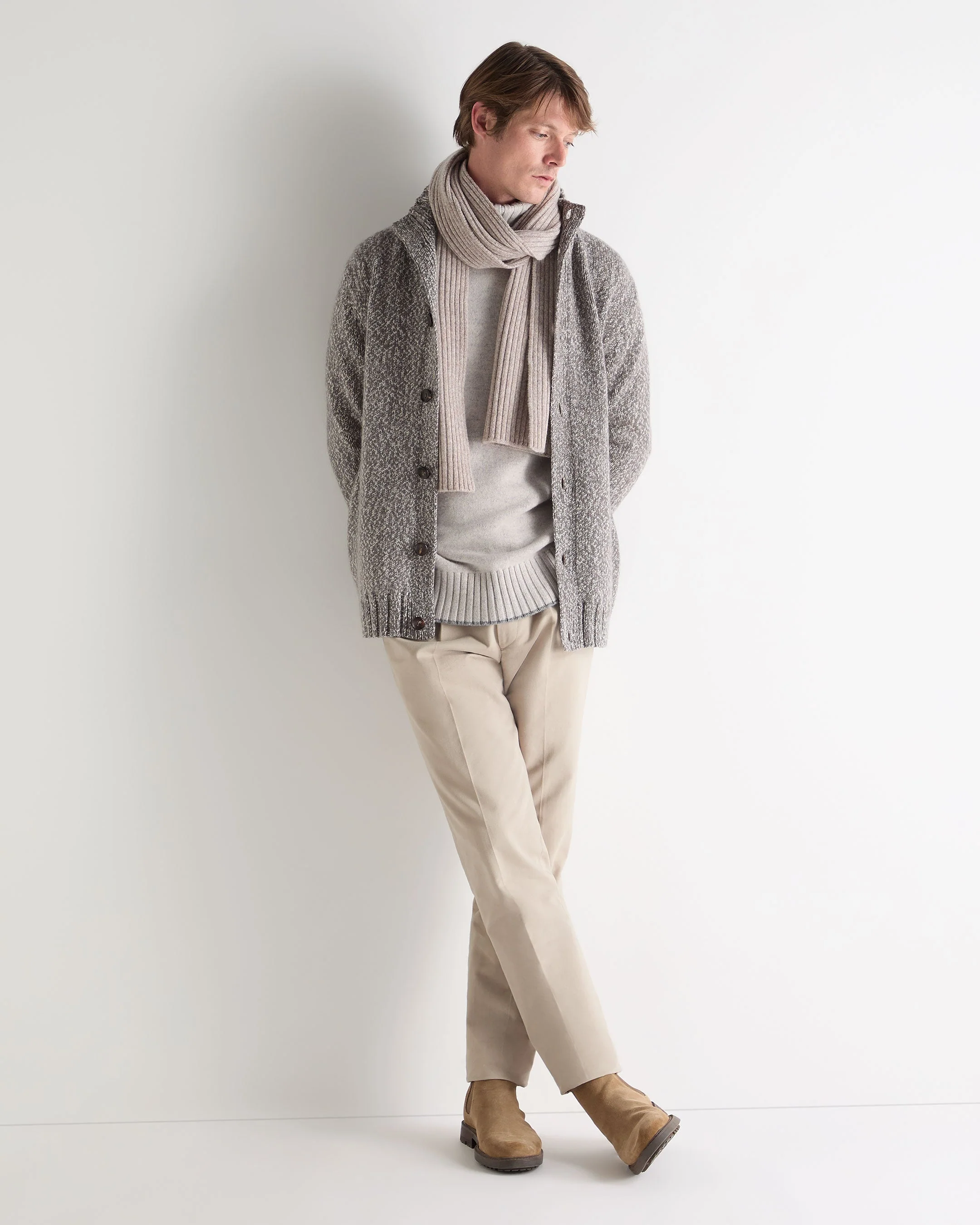 Men's Button Through Marl Cashmere Cardigan Soft Truffle Brown Marl