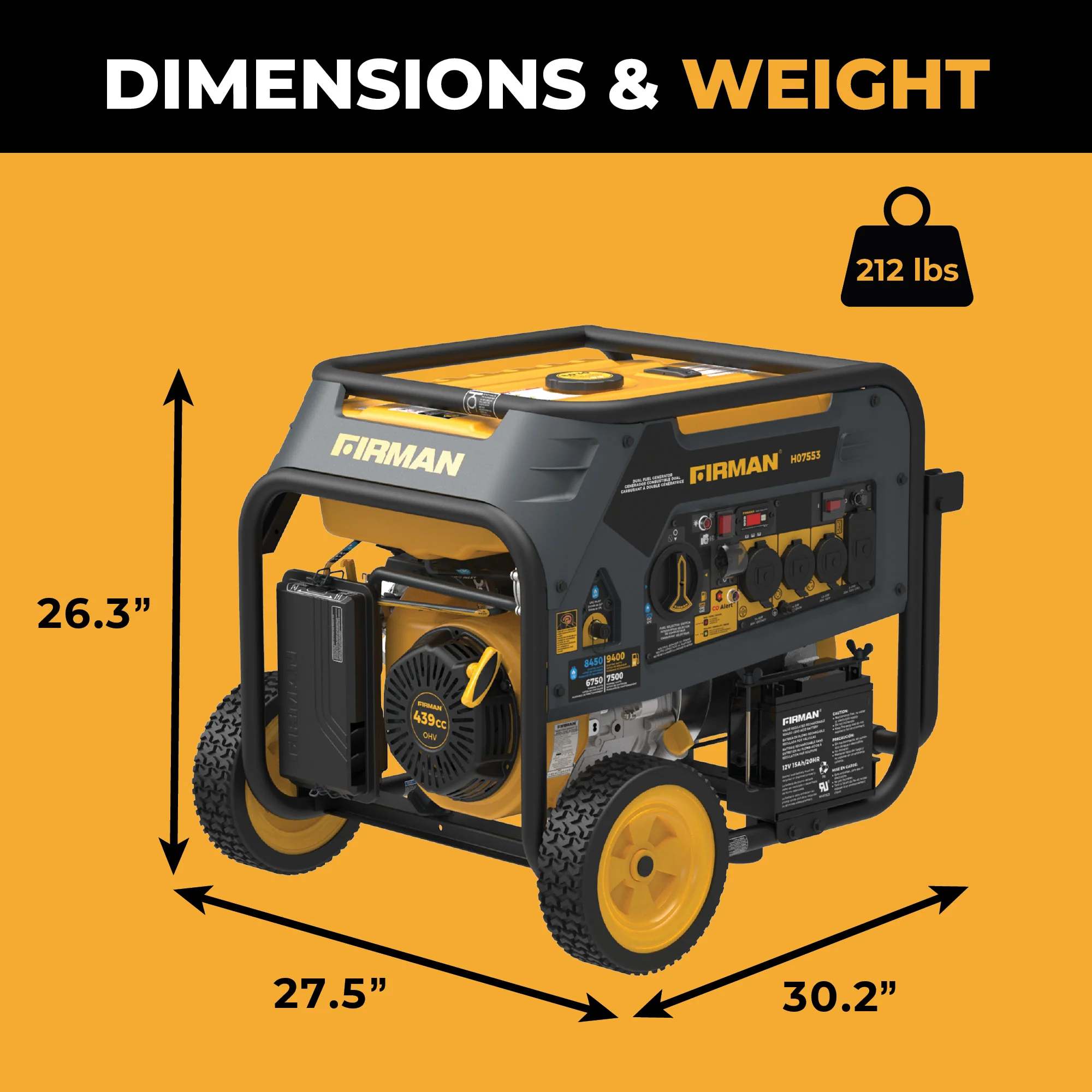 Dual Fuel Portable Generator 9400W Electric Start 120/240V with CO Alert