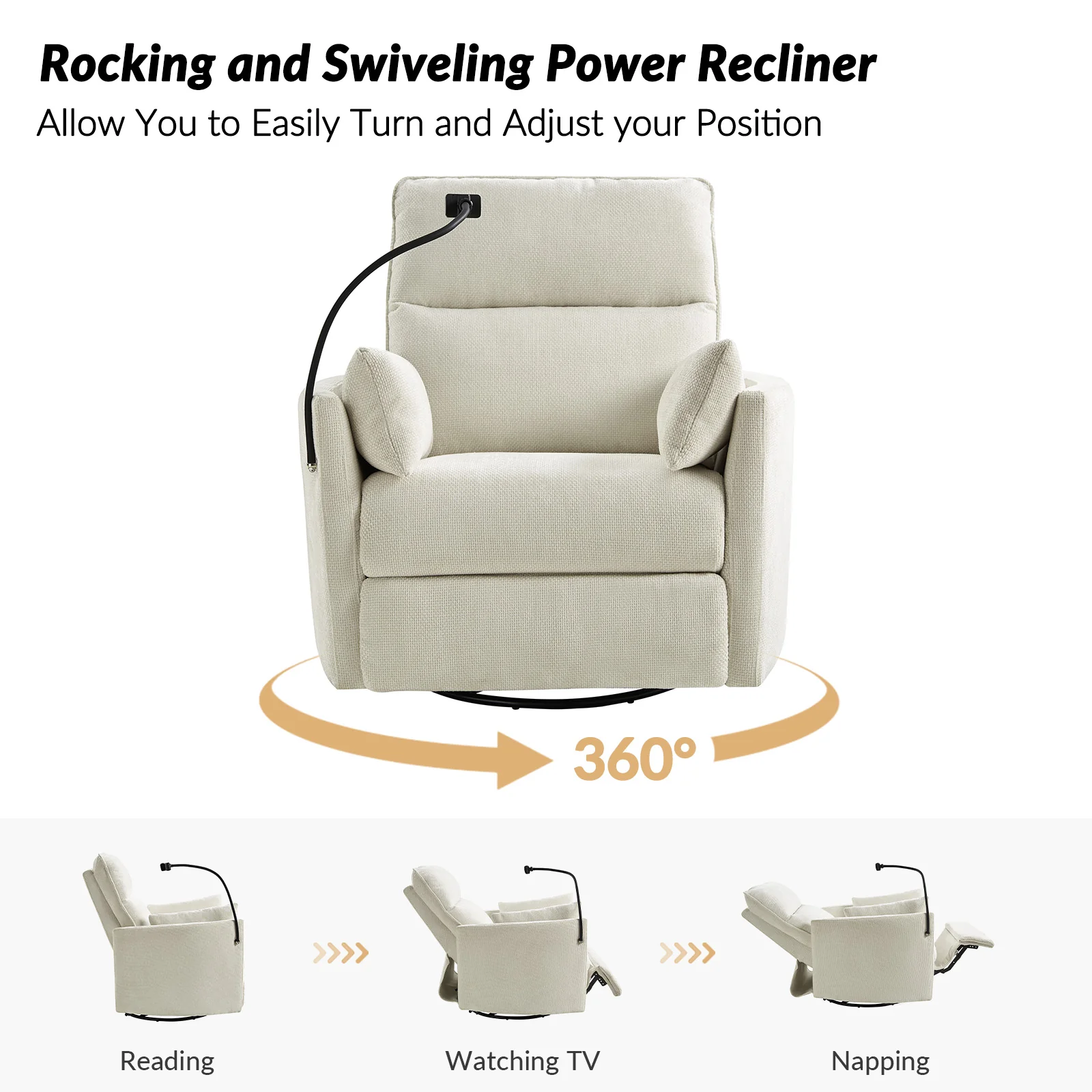 Archibald Power Rocking Swivel Nursery Recliner in Ivory