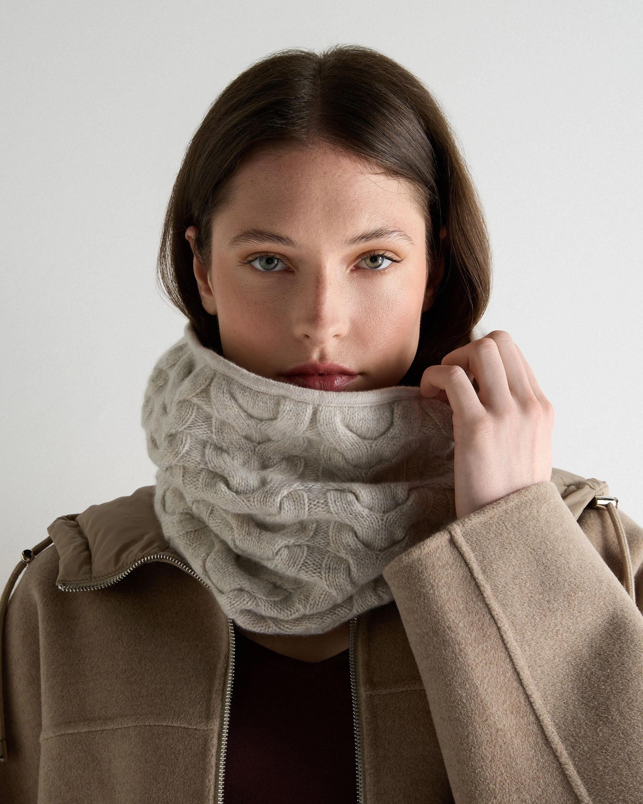 Unisex Cable Cashmere Snood Ash Grey Marl