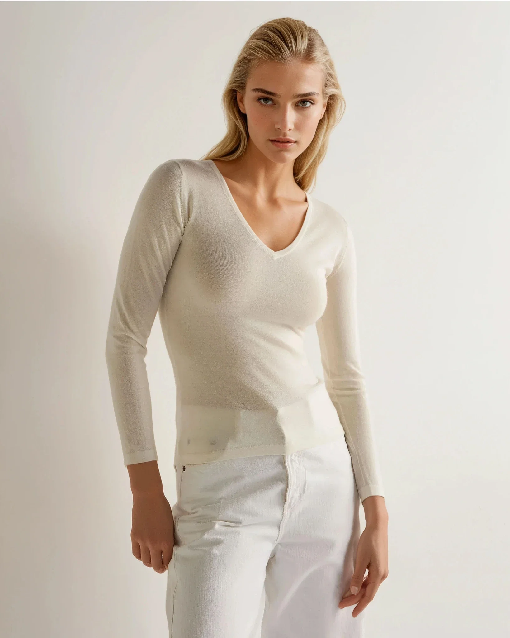 Women's Imogen Superfine Cashmere V Neck Sweater New Ivory White
