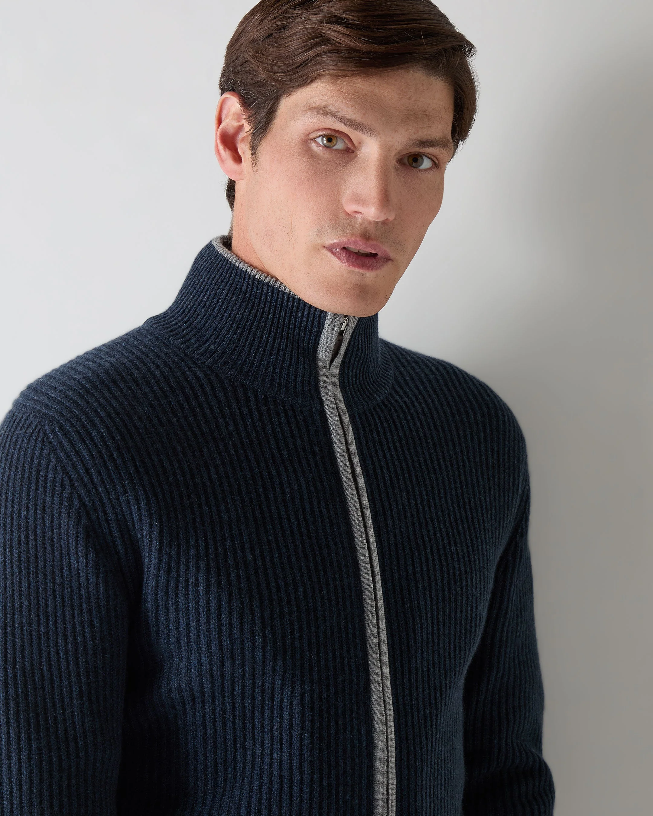 Men's Lambeth Rib Full Zip Cashmere Cardigan Indigo Blue