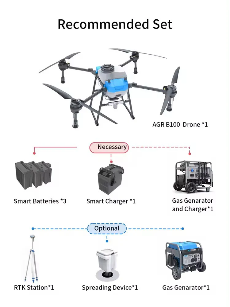 AGR B100 Agriculture Drone - 50L Spraying 70L Spreading Tank Takeoff 105KG Agri Drone With H12 Pro, 30000mAh Battery