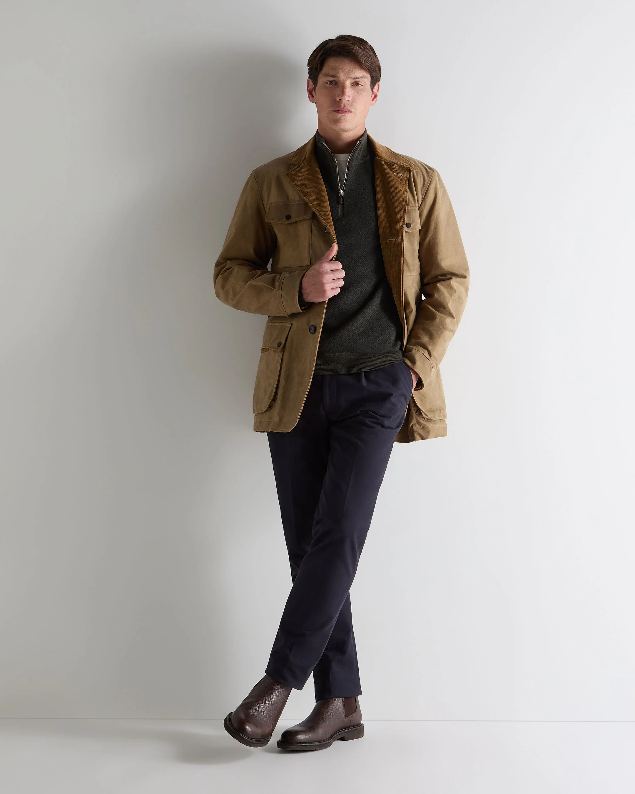 Men's Temple Jacquard Half Zip Cashmere Jumper Arabica Khaki Green