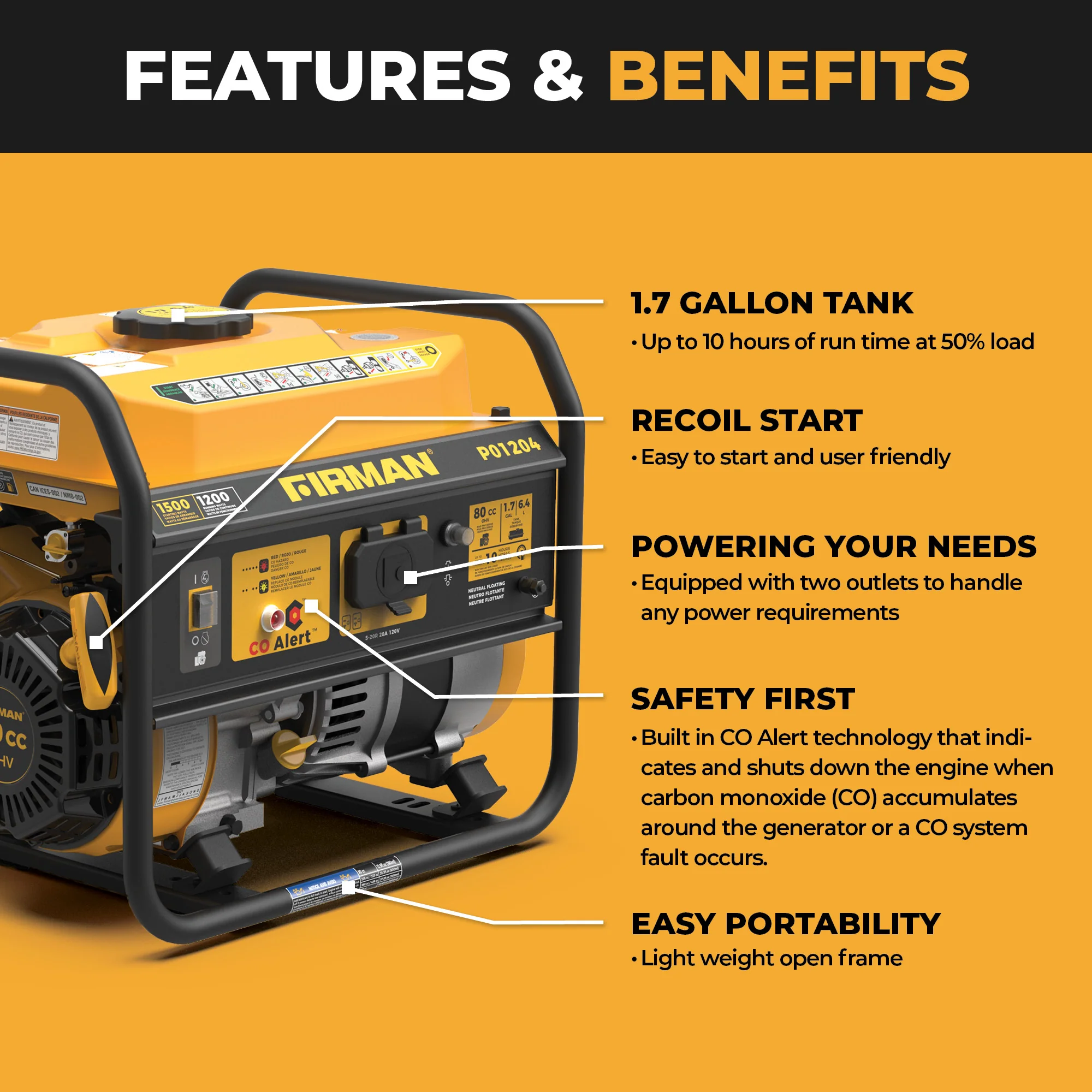 Gas Portable Generator 1500W Recoil Start with CO alert
