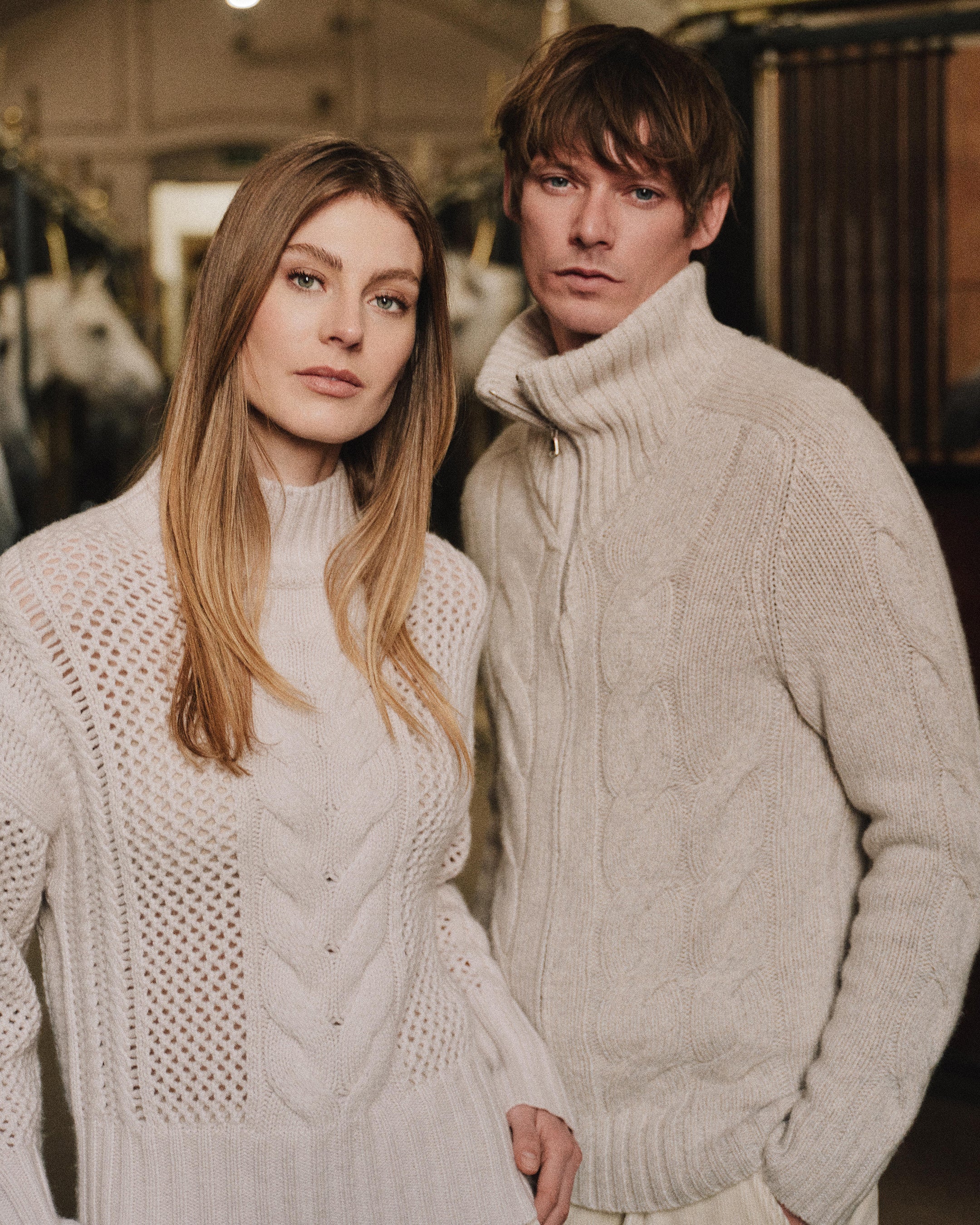 Women's Mock Neck Cable Cashmere Sweater Frost White