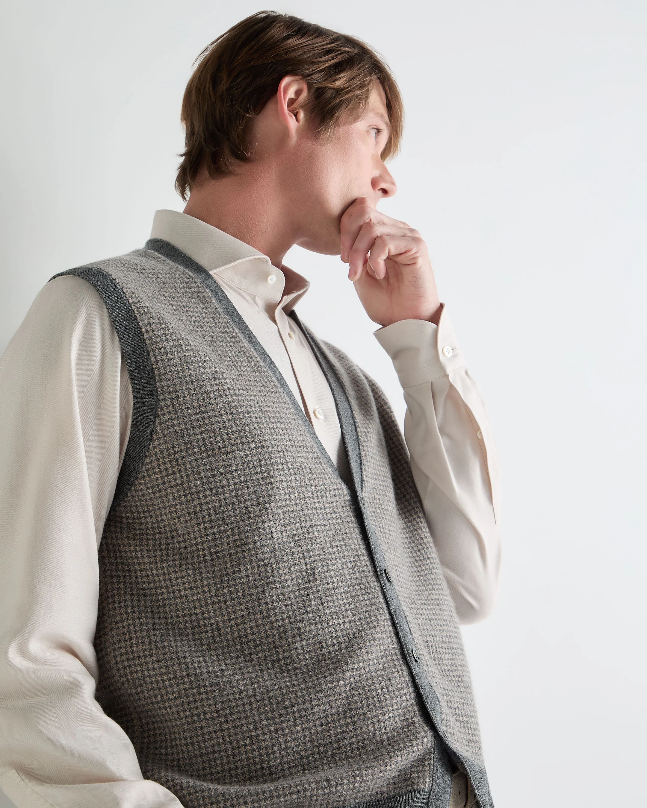 Men's Sleeveless Cashmere Tank Top Oatmeal Houndstooth Brown