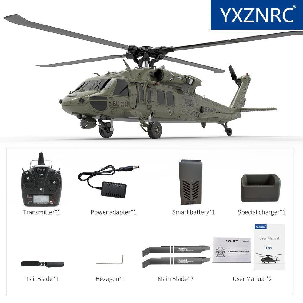 F09 6-Axis RC Helicopter - High Simulation 1:47 Scale UH60-Black Hawk Dual Brushless Motor Professional Remote Control Toy Plane