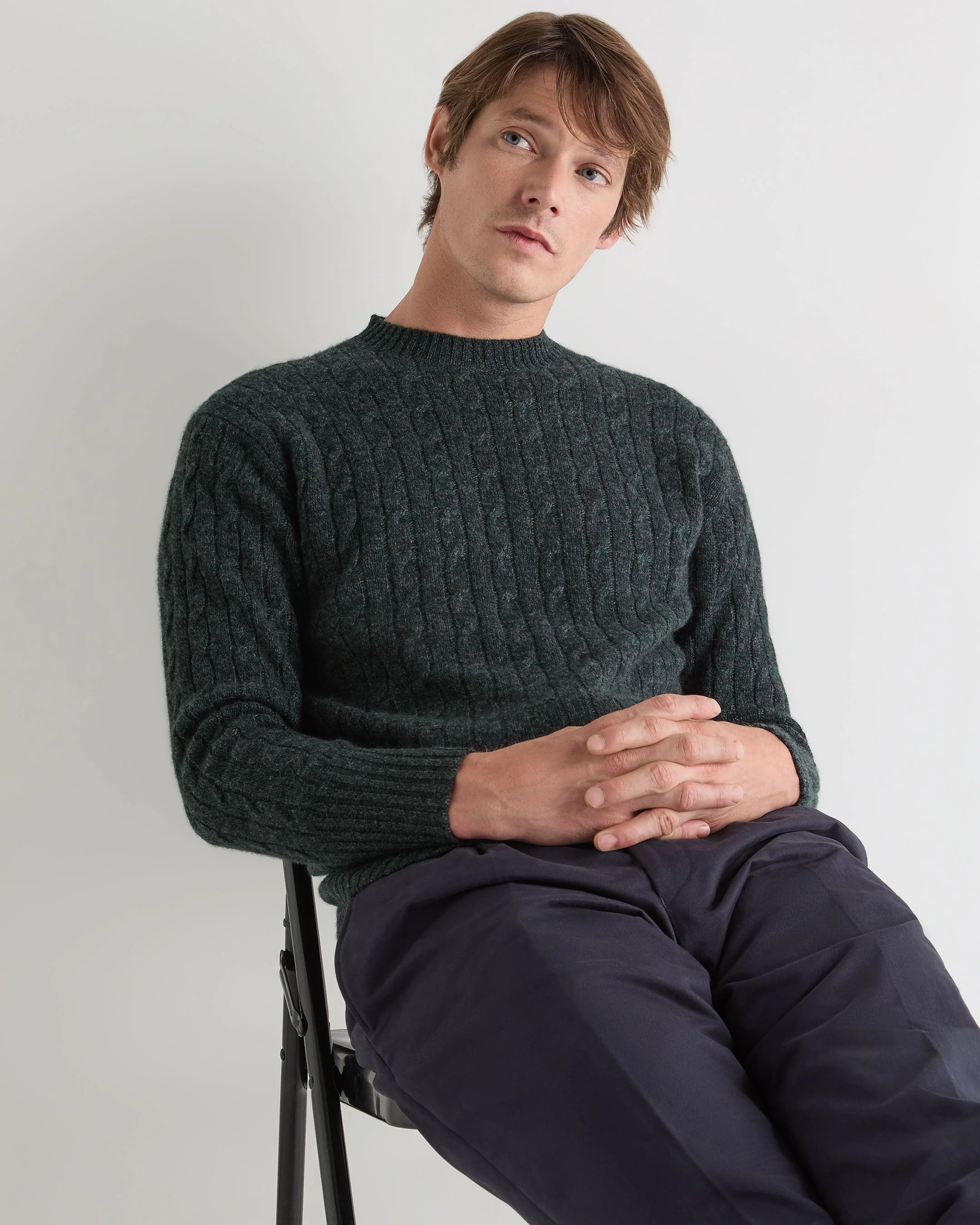 Men's Thames Cable Round Neck Cashmere Sweater Green Melange