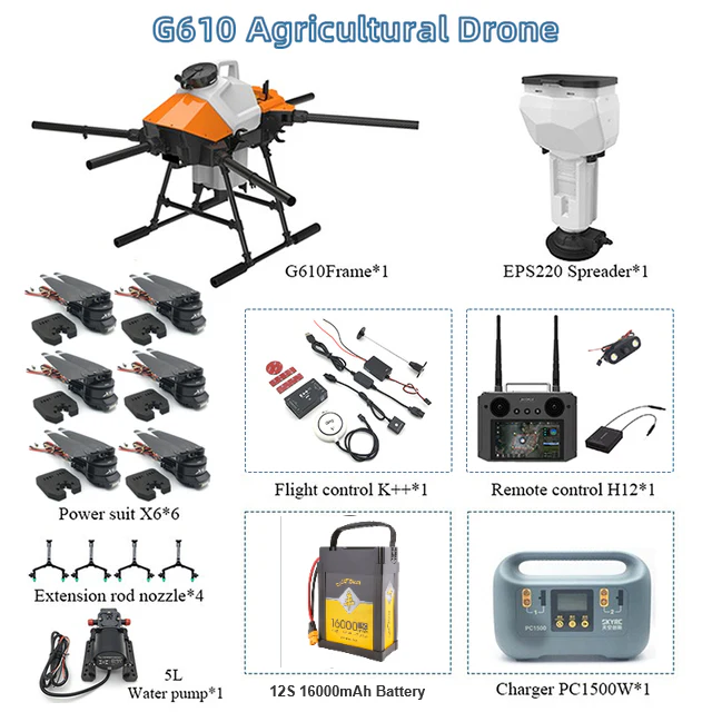 EFT G610 10L Agriculture Drone - 6 Axis 10L Full Load Weight 27KG Spreading And Spraying With Hobbywing X6, JIYI K++, Skydroid H12, Tattu 12S 22000mAh Battery