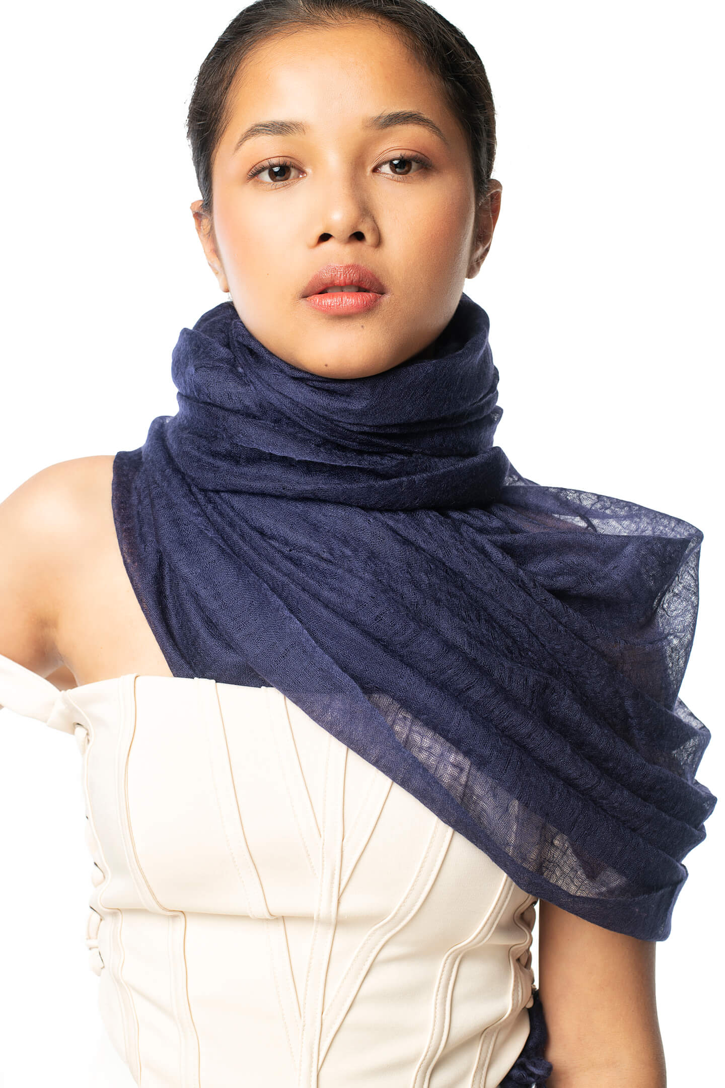 Handwoven Pure Cashmere Scarf Shawl in Indigo Blue