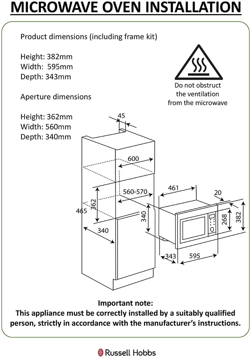 Russell Hobbs 220 volt Built in Microwave 220v 240 volts RHBM2001 Built in