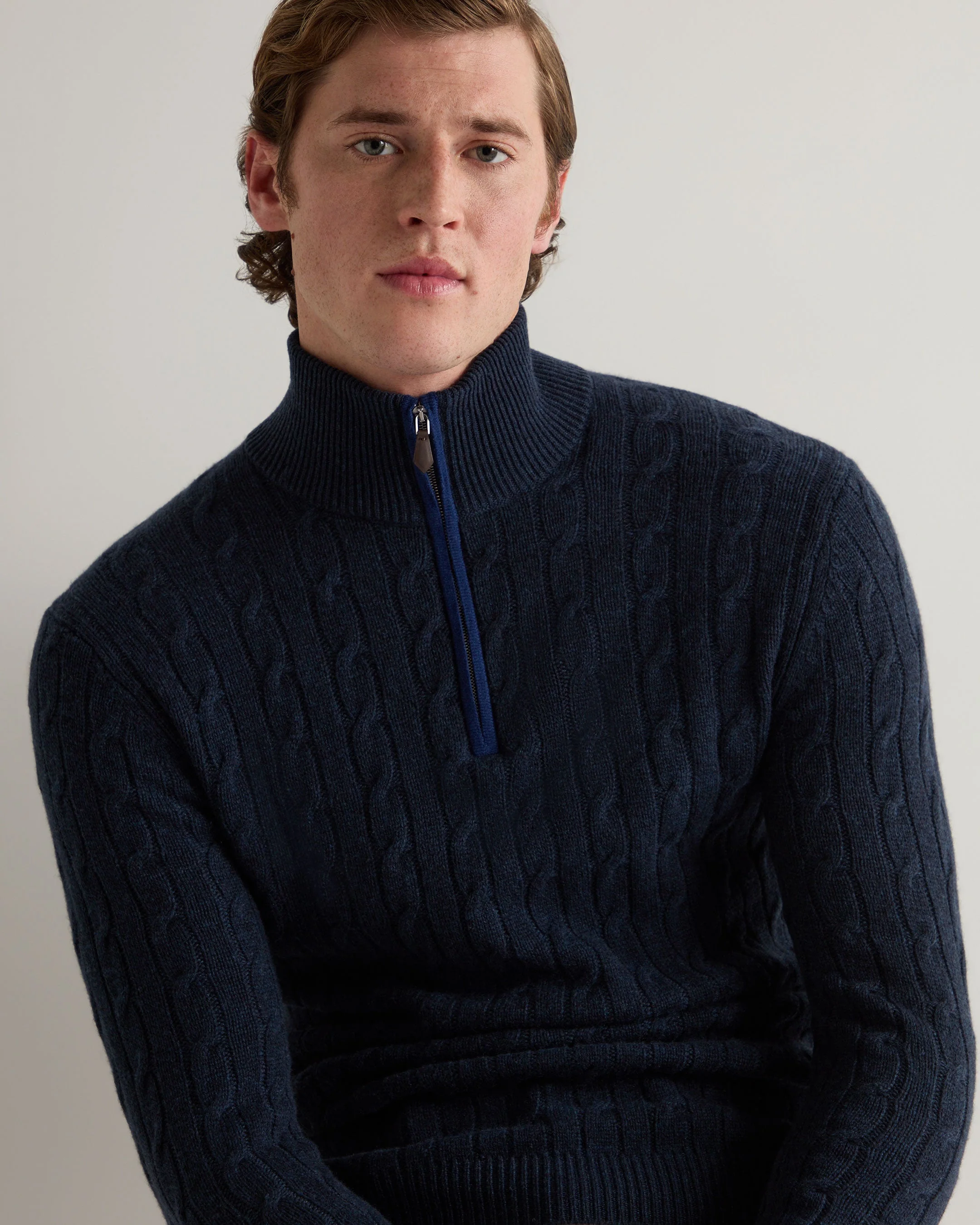 Men's Albemarle Cable Half Zip Cashmere Jumper Indigo Blue