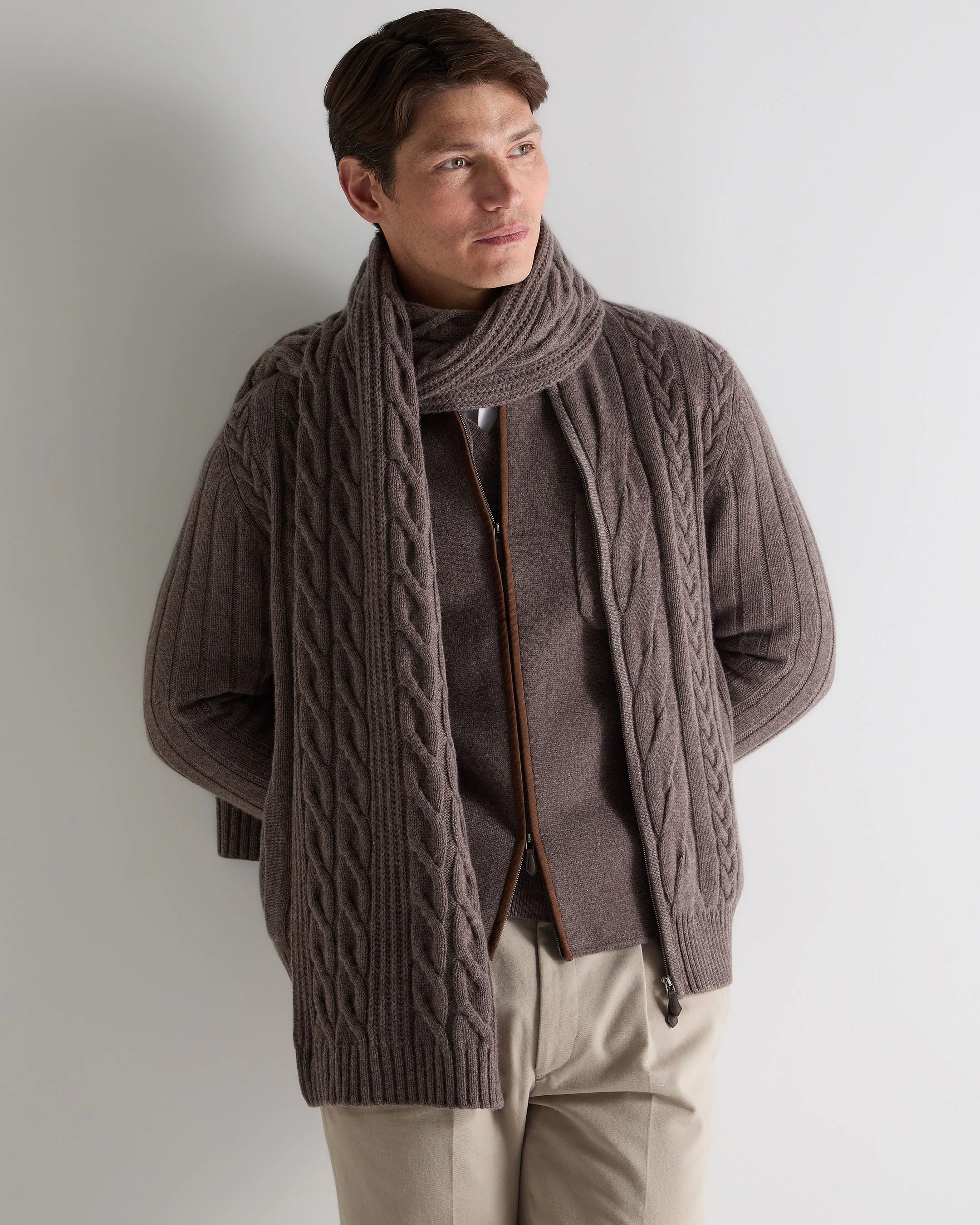Unisex Cable Rib Cashmere Scarf Otter Brown