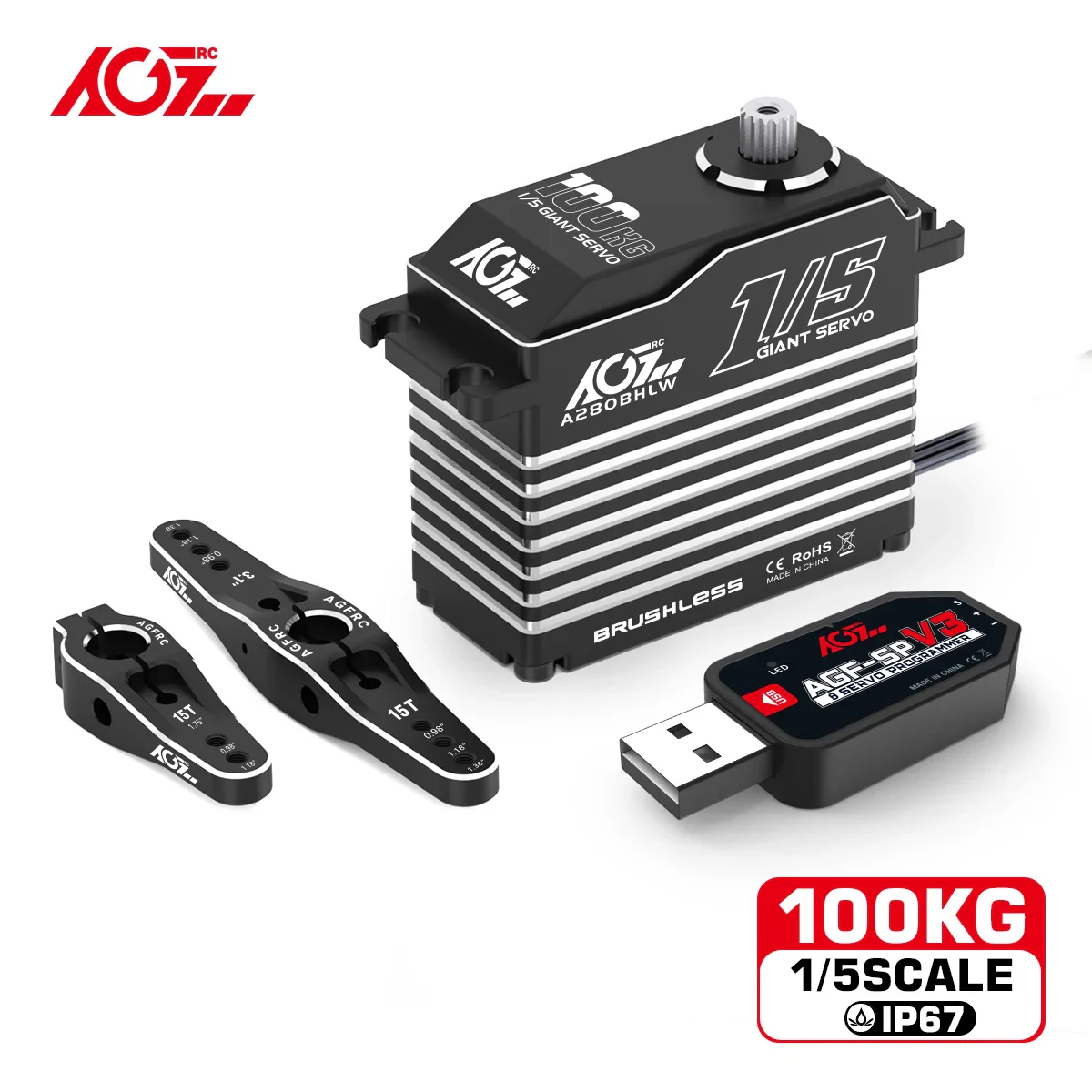 AGFRC A280BHMW  - 1/5 Scale Giant Servo 78KG High Torque Steel Gears Programmable Digital Brushless RC Racing Servo For Crawler