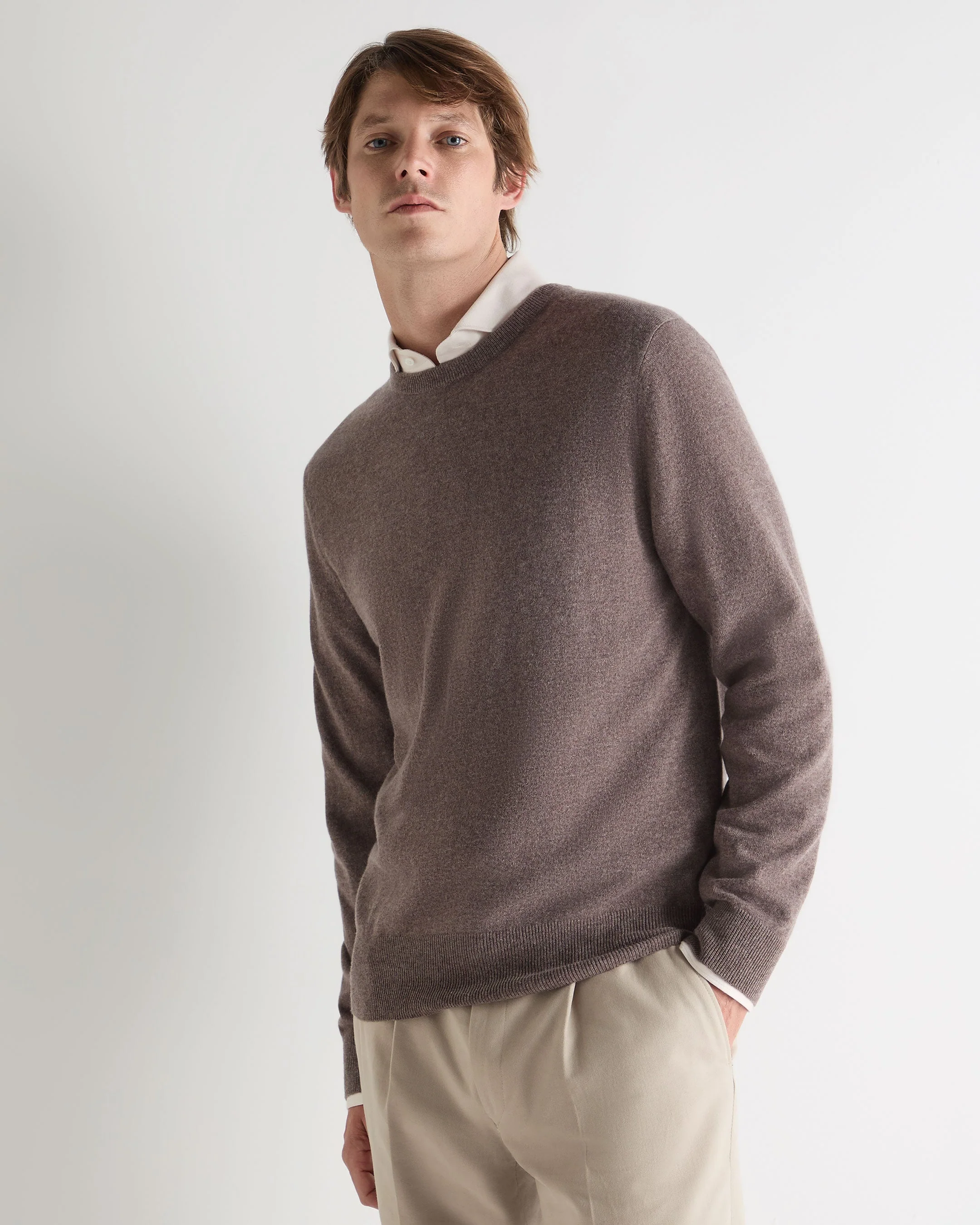 Men's Oxford Round Neck Cashmere Sweater Otter Brown