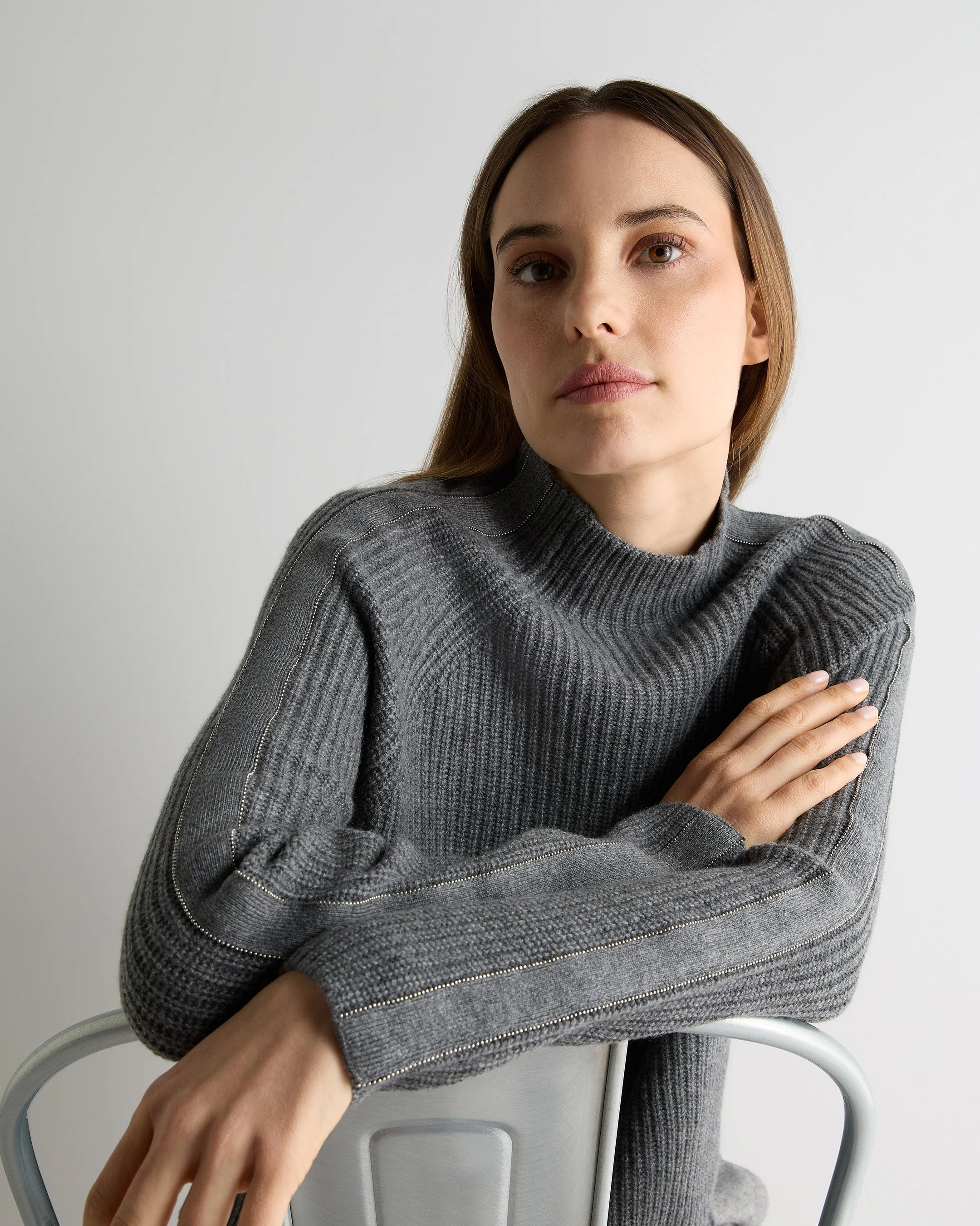 Women's Metal Funnel Neck Cashmere Sweater Elephant Grey