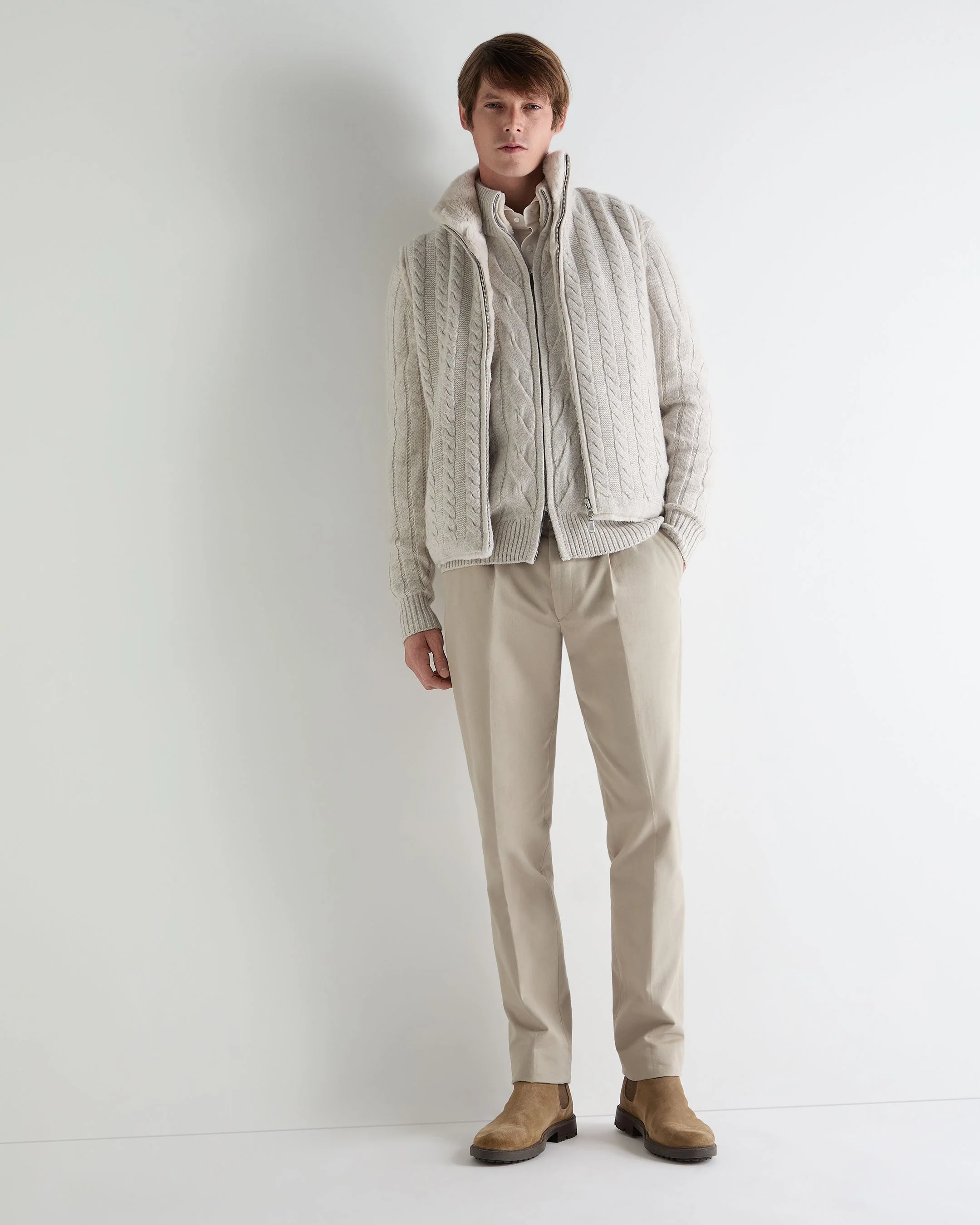 Men's Colorado Cable Fur Trim Cashmere Jacket Ash Grey Marl