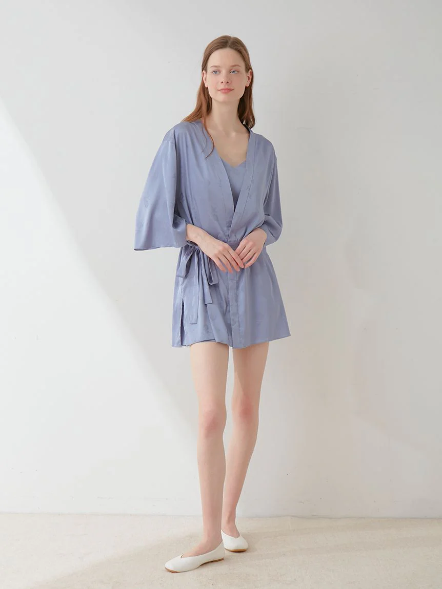 Flower Long Sleeve Satin Tie Nightgown Robe