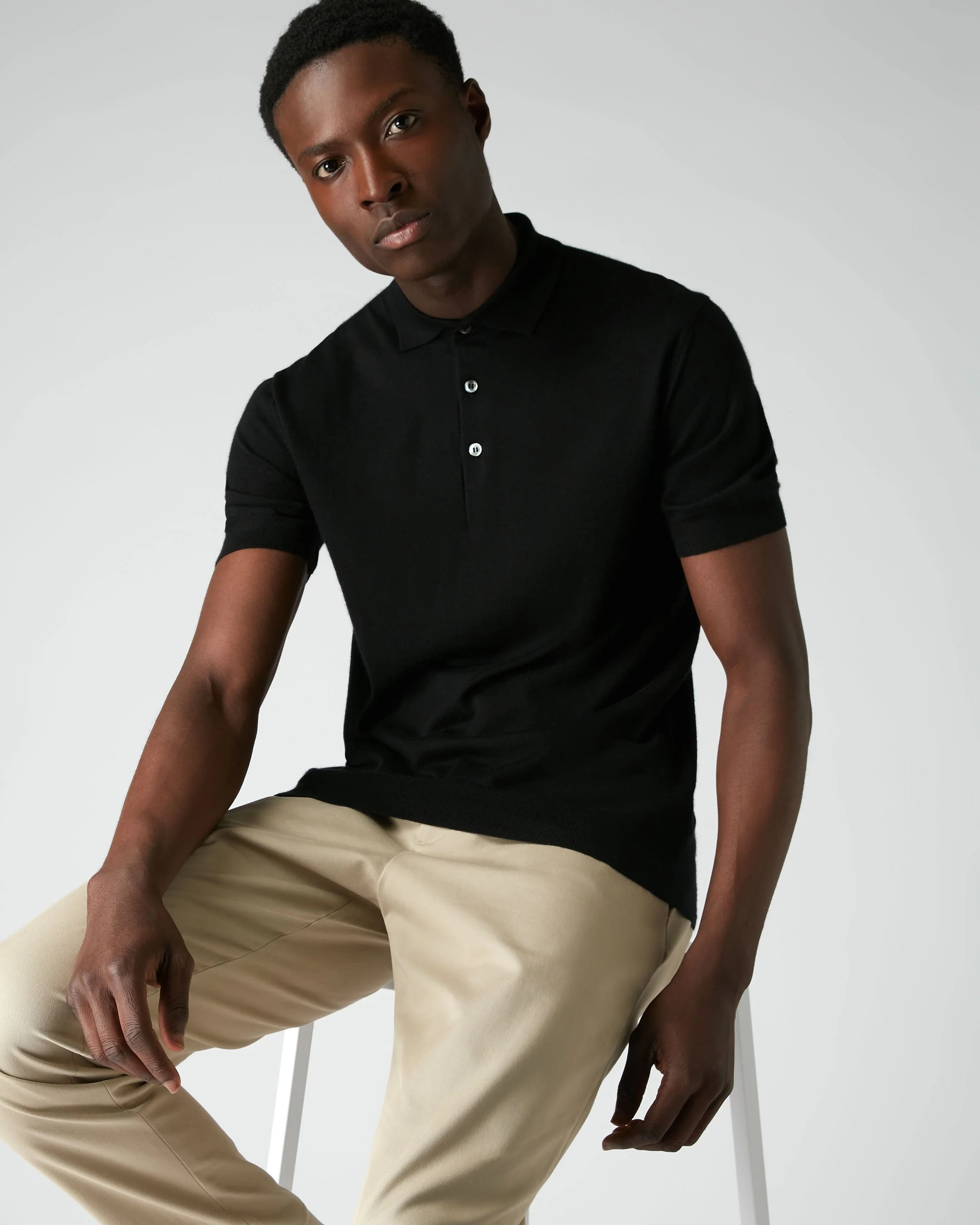 007 Fine Gauge Cashmere Polo T-Shirt Black