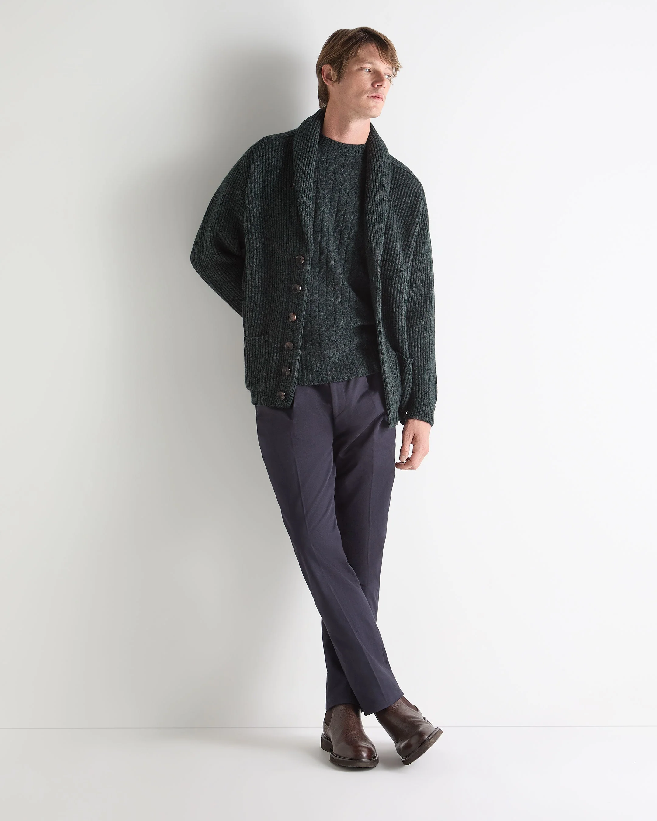 Men's Thames Cable Round Neck Cashmere Sweater Green Melange