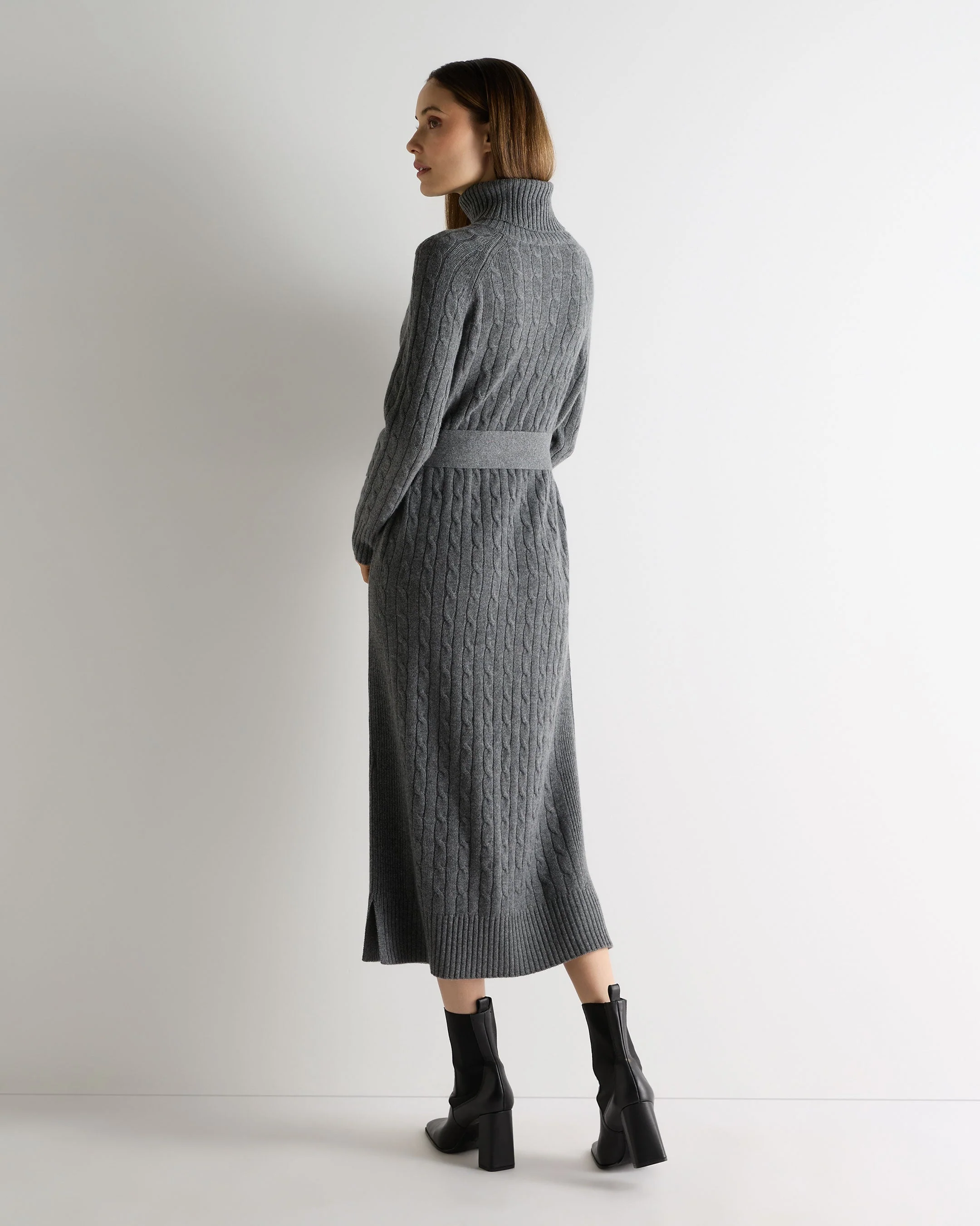 Women's Longline Cable Cashmere Dress Elephant Grey