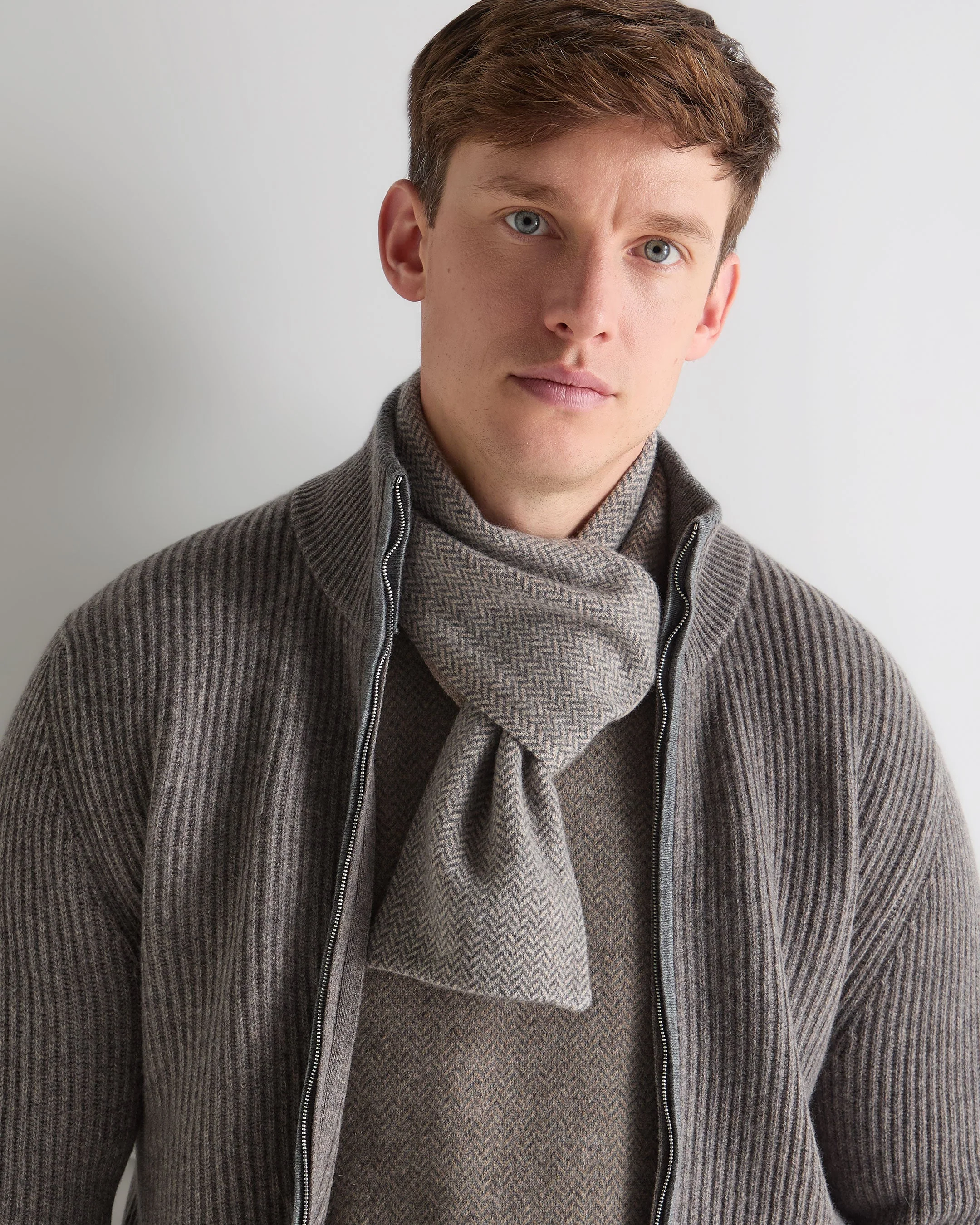 Men's Herringbone Cashmere Scarf Oatmeal Brown