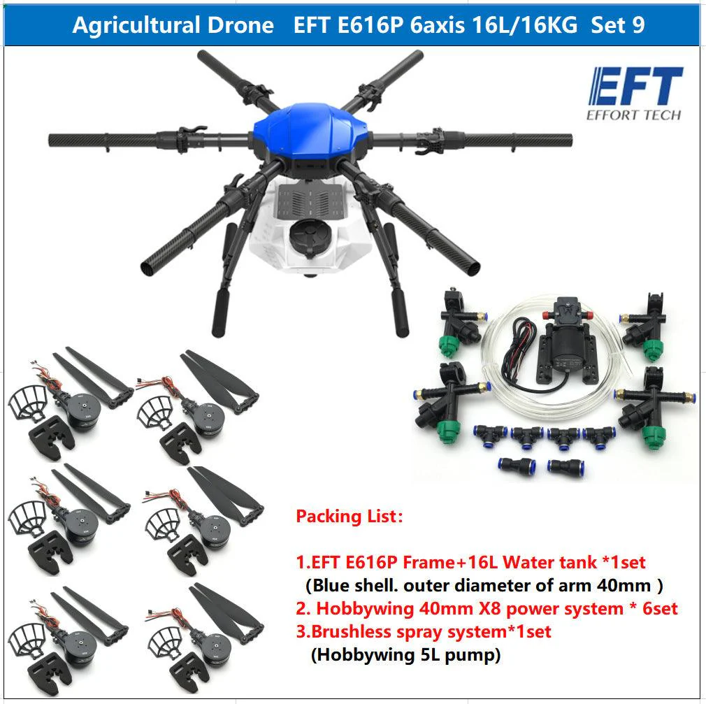 EFT E616P 16L Agriculture Drone - 6 Axis Drone Frame 16L Water Tank Spreader System Sprayer With Hobbywing X8 power, JIYI K++ V2, Skydroid H12, Tattu 12S 22000mAh Battery