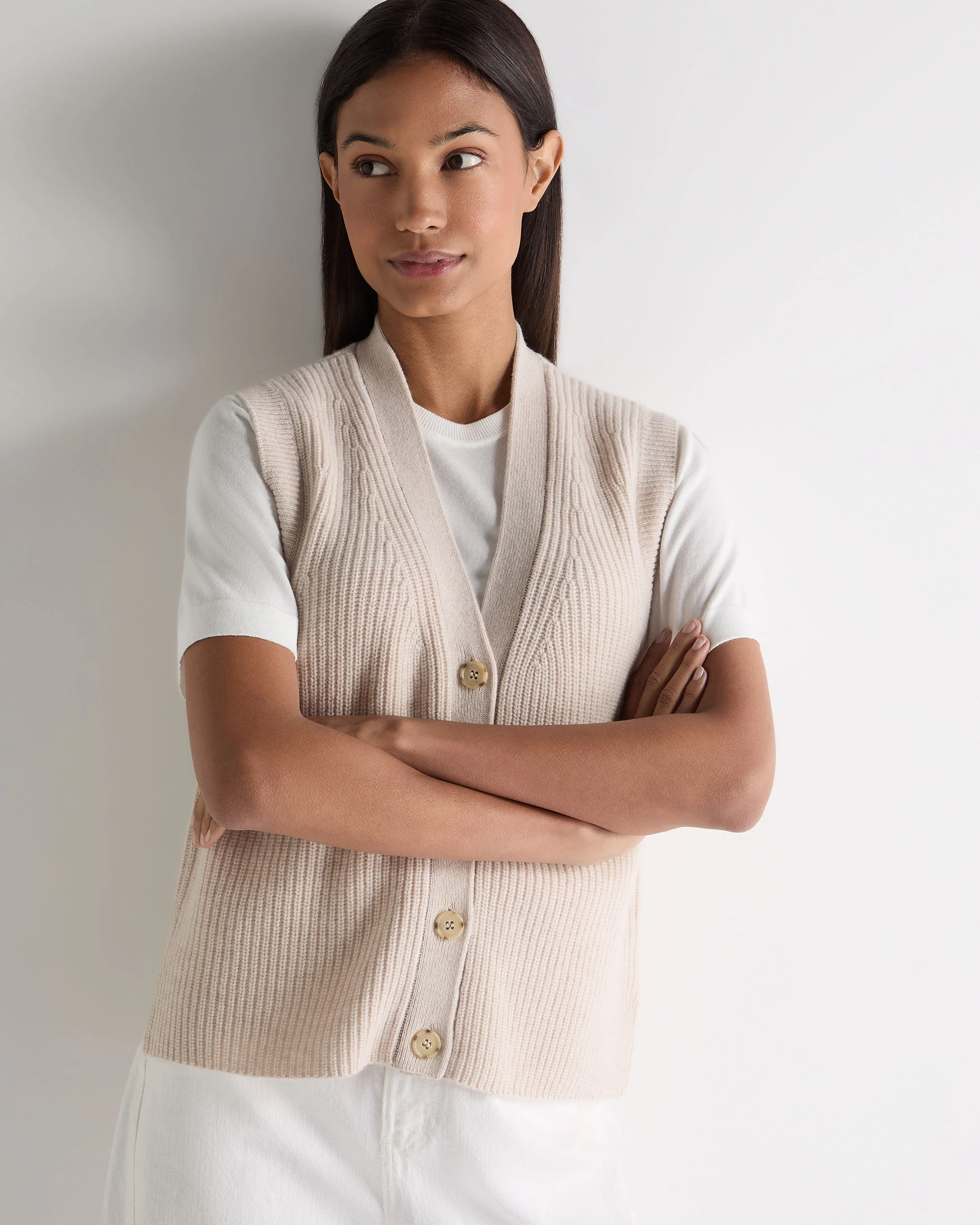 Women's V Neck Cashmere Tank Top Ecru White