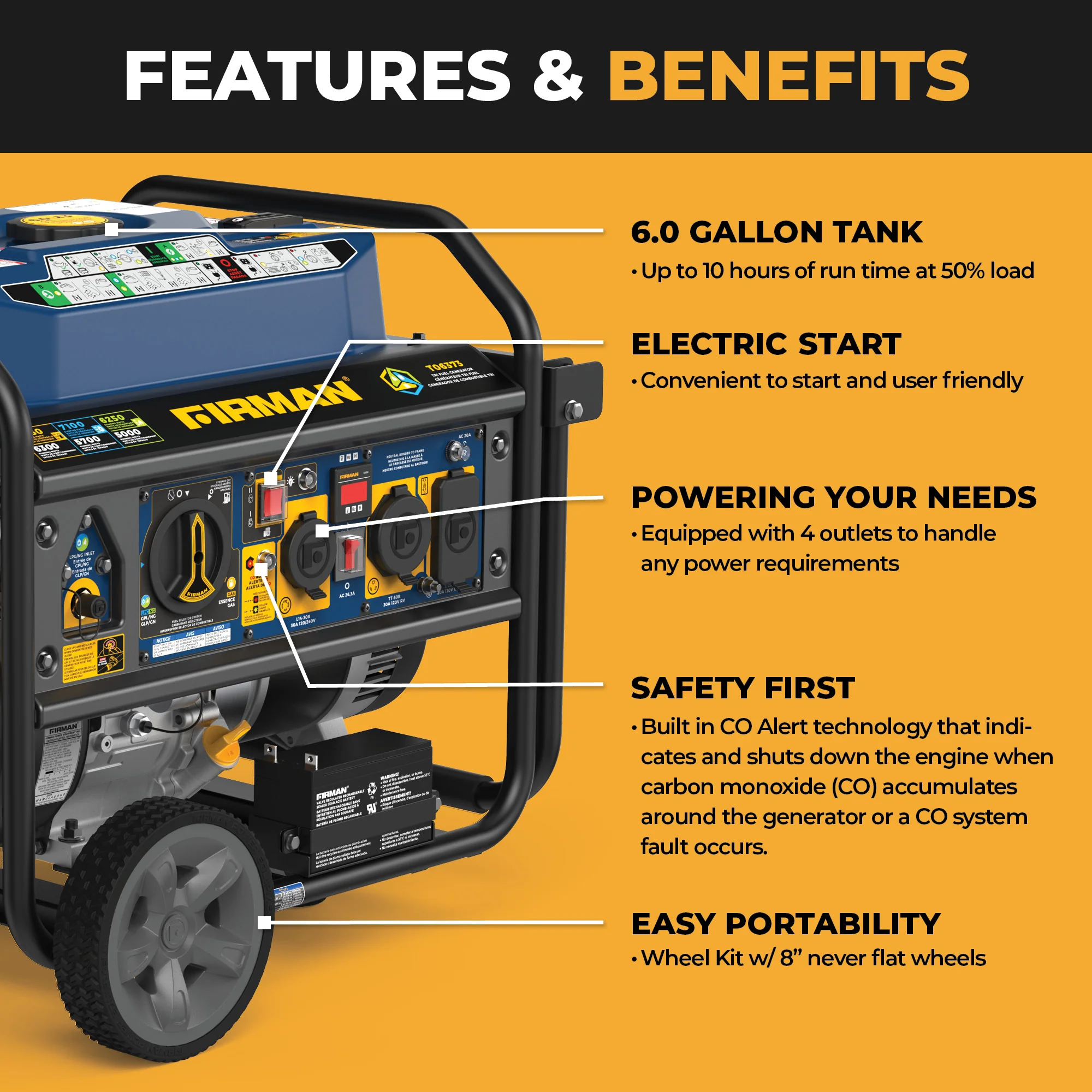 Tri Fuel Portable Generator 7850/6300W Electric Start Gas CO Alert