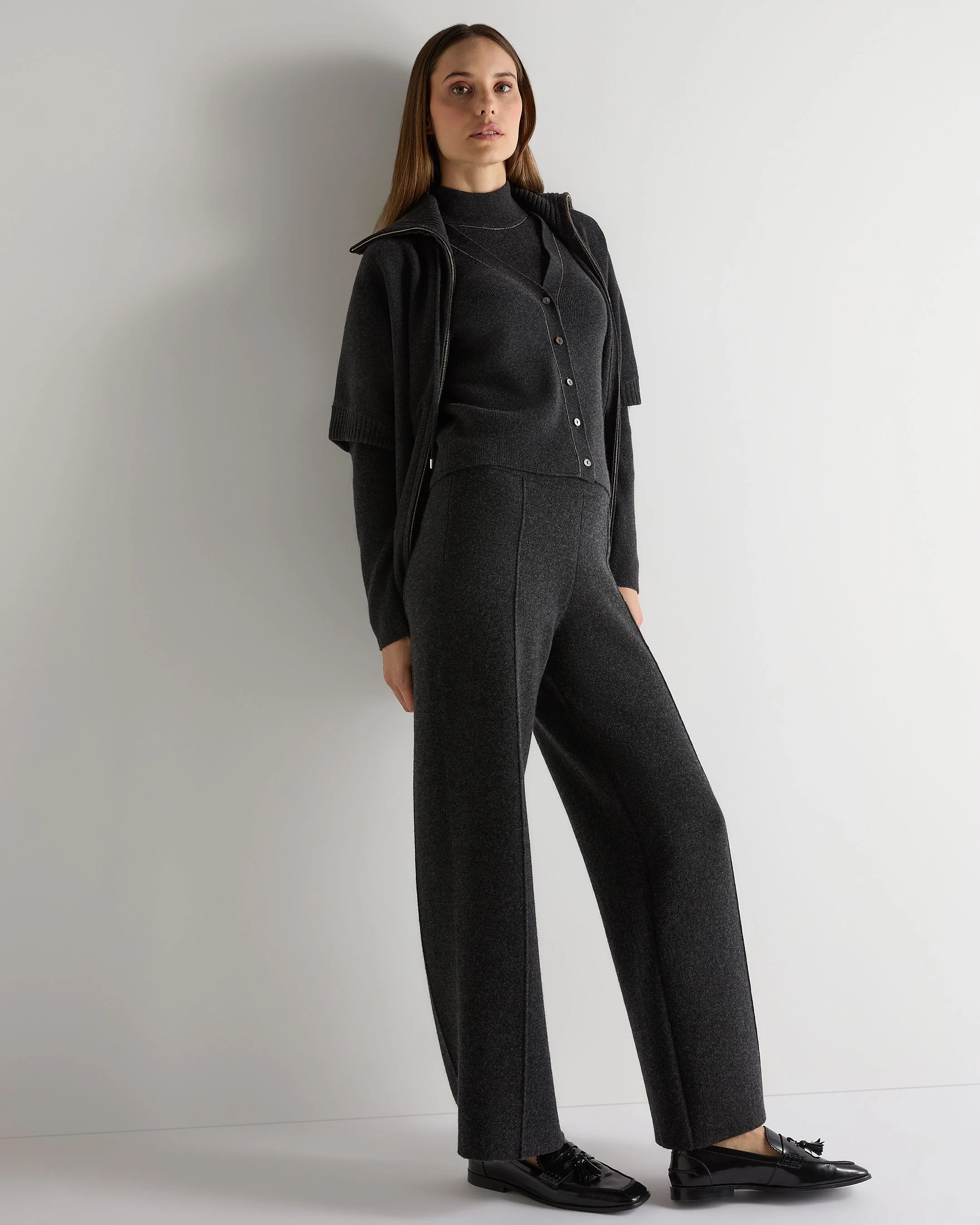 Women's Ribbed Cashmere Cardigan With Metal Trim Deep Charcoal Grey