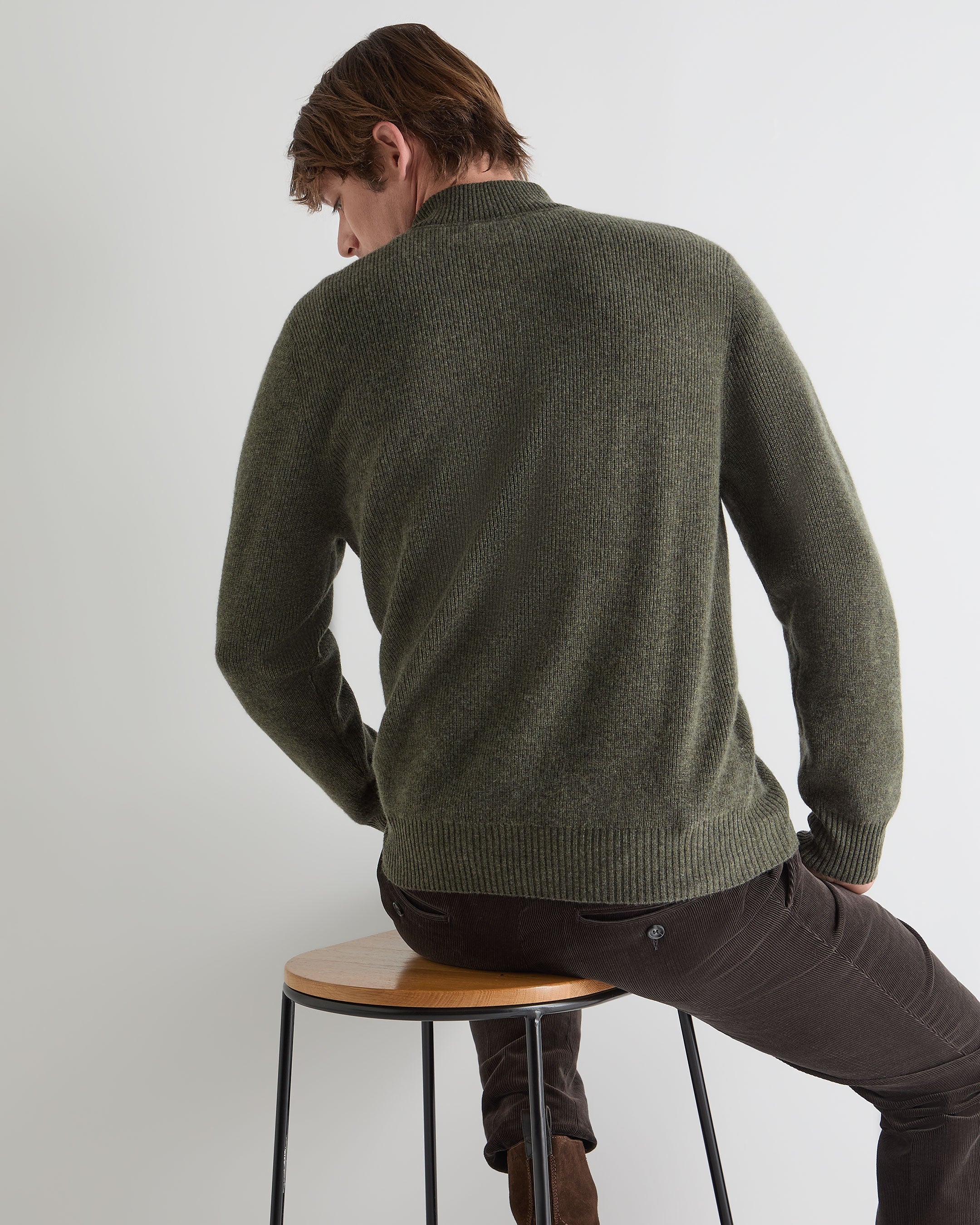 Men's Ribbed Half Zip Cashmere Jumper Moss Green