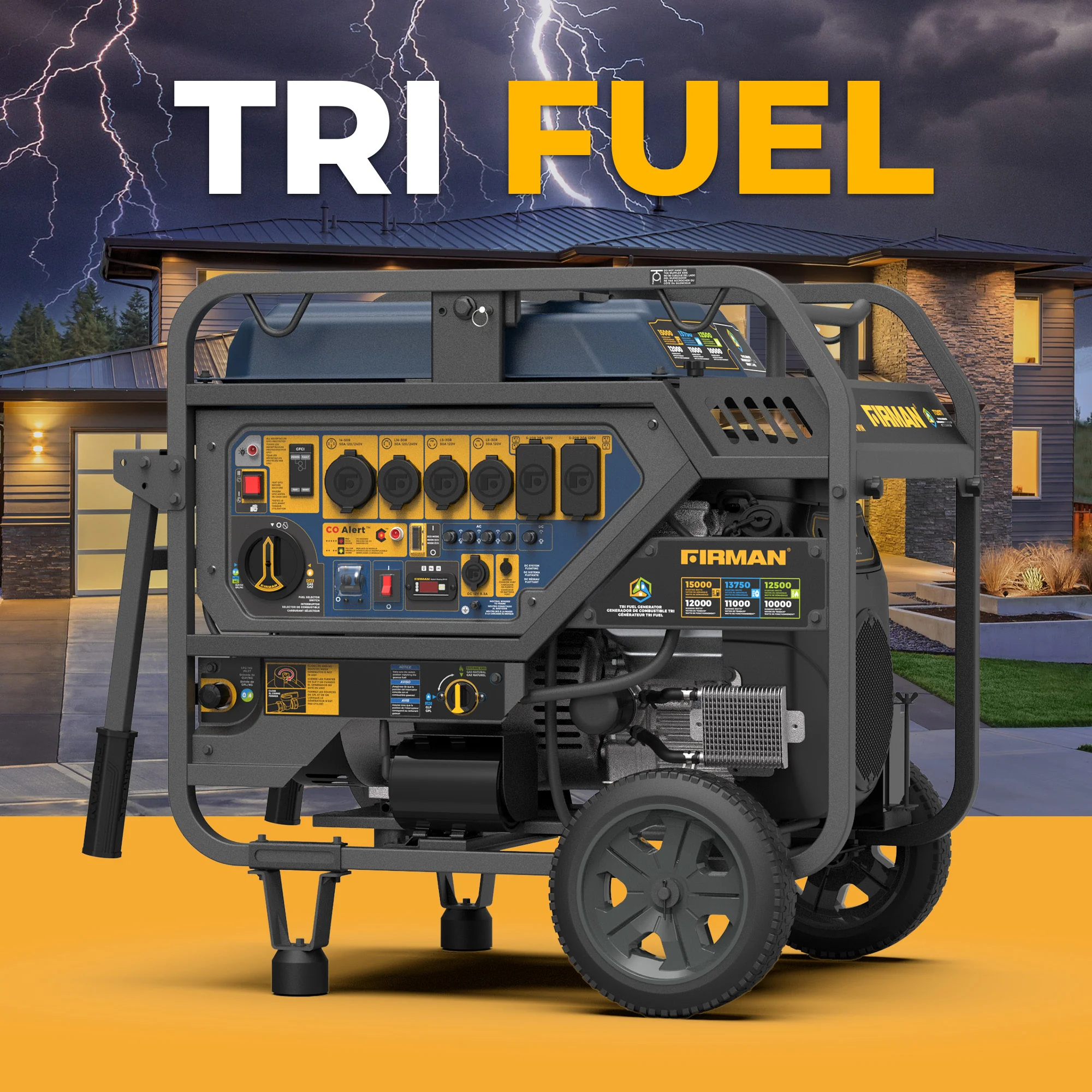 TRI FUEL PORTABLE GENERATOR 15000W ELECTRIC START 120/240V WITH CO ALERT