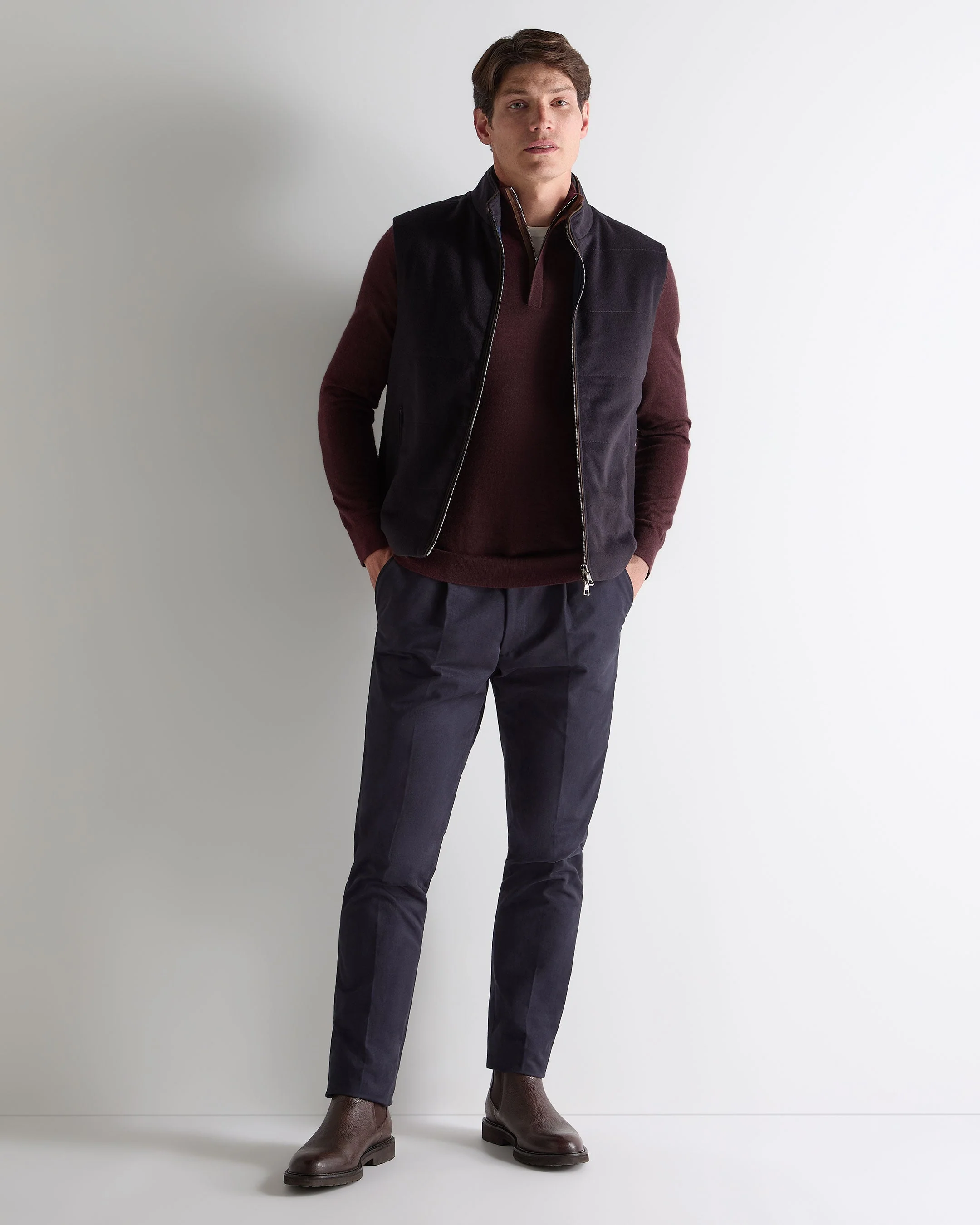 Men's Regent Fine Gauge Cashmere Half Zip Jumper Claret Red