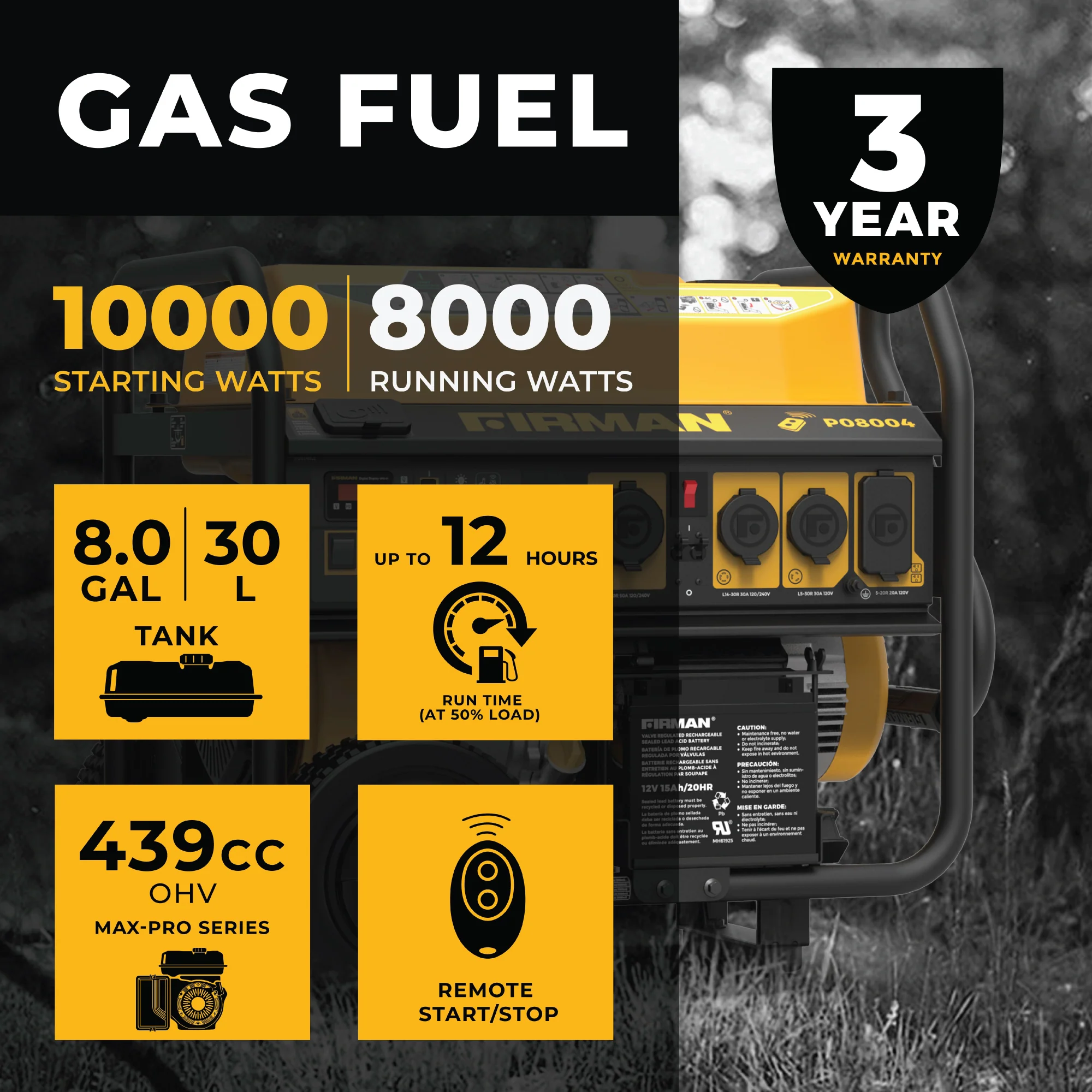 Gas Portable Generator 10000W Remote Start 120/240V