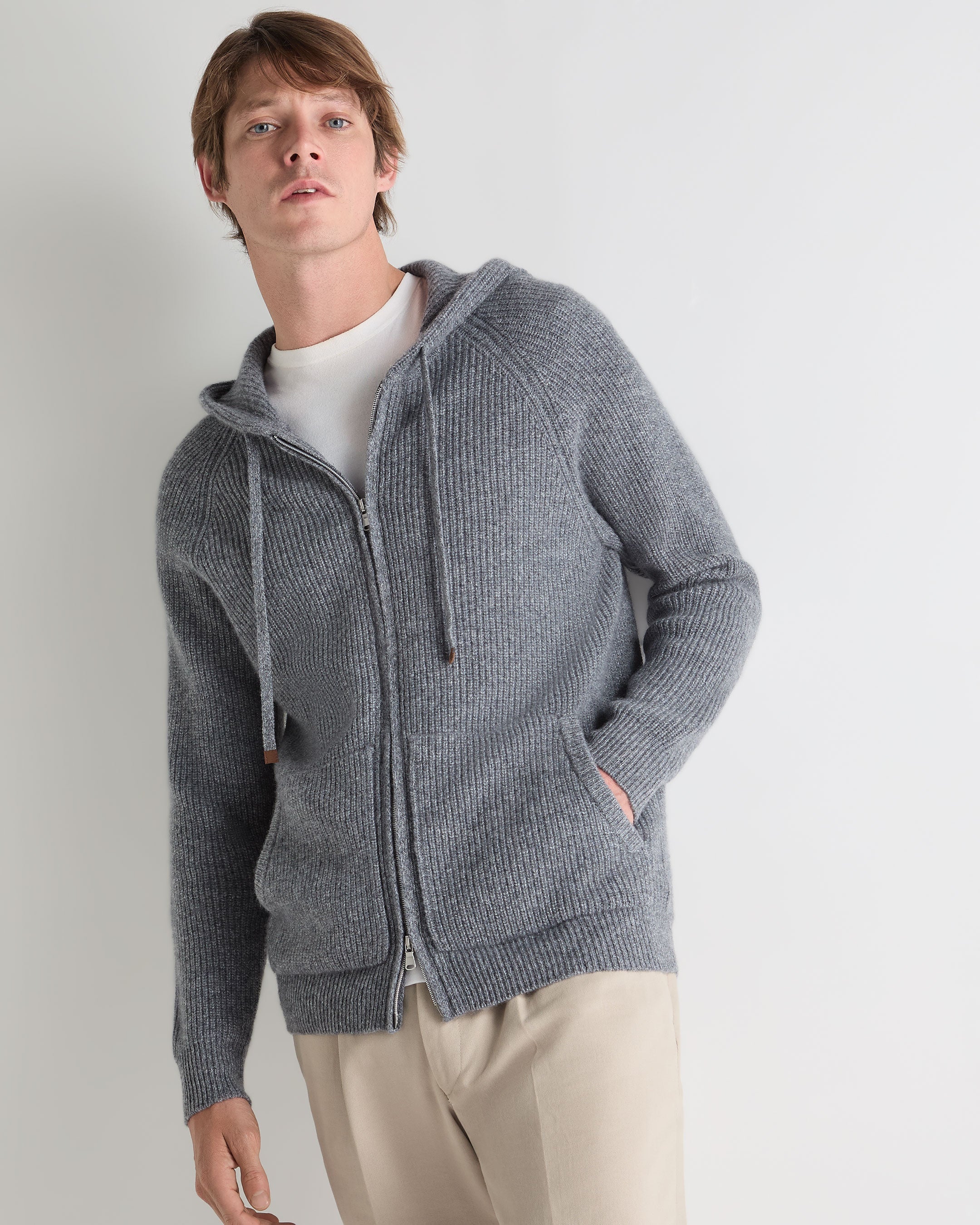 Men's Ribbed Zip Through Cashmere Hoodie Grey Melange