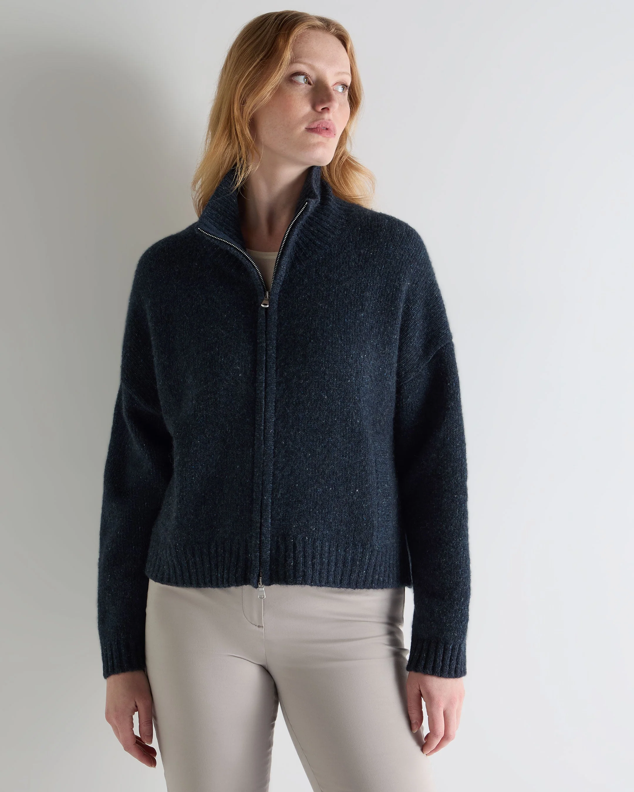 Women's Marl Zip Through Cashmere Jacket Atlantic Blue Melange